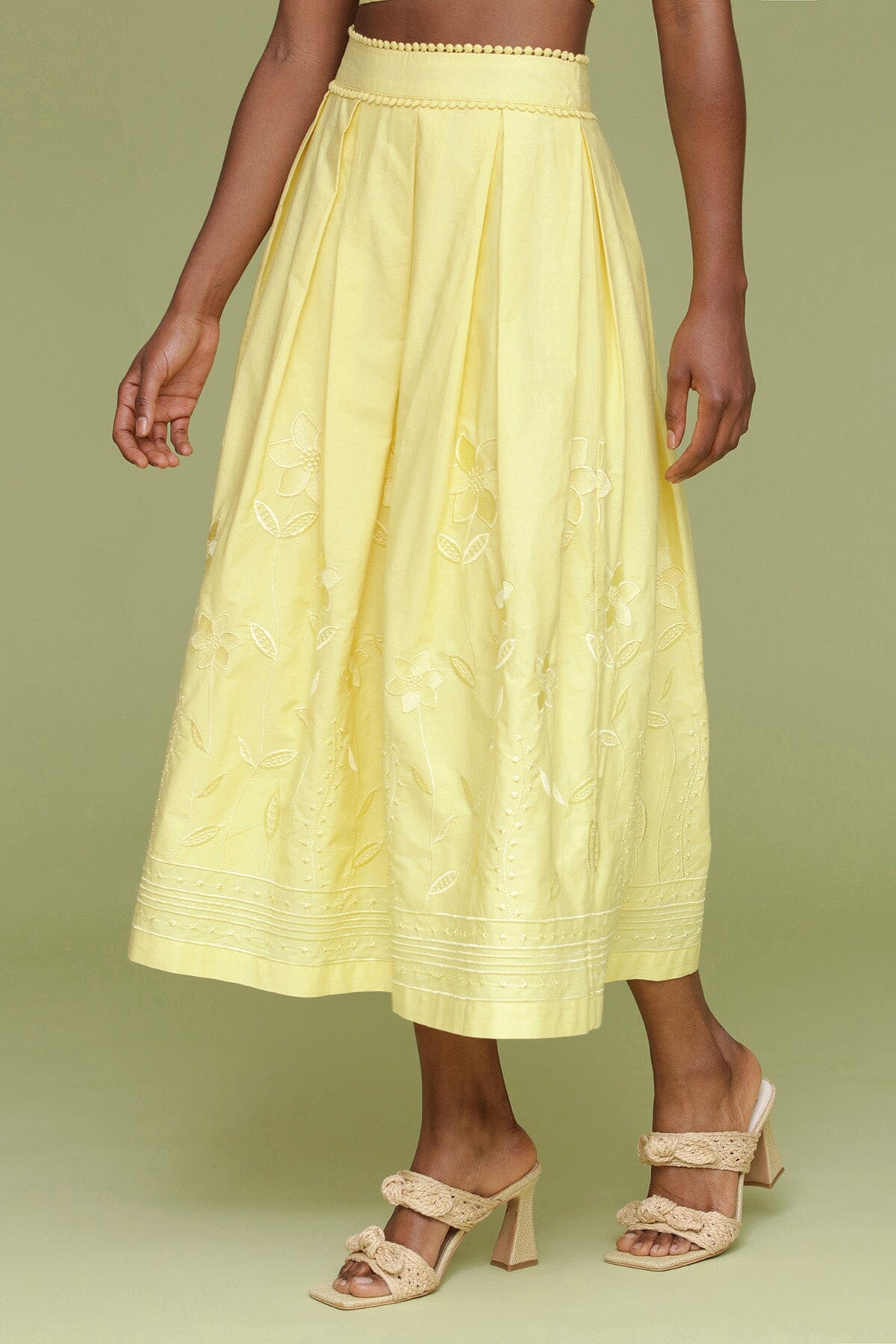 Yellow citron embroidered cotton maxi skirt with crisp knife pleats and invisible back zip - Cute women's maxi skirts by Avec Les Filles