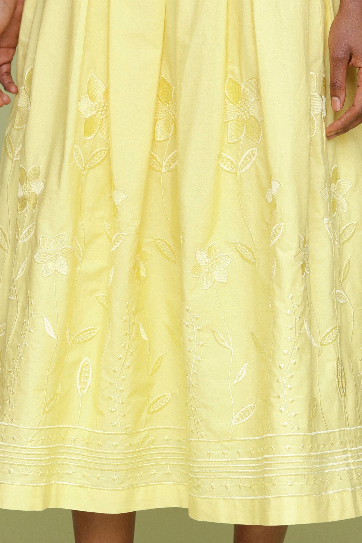 Yellow citron embroidered cotton maxi skirt with crisp knife pleats and invisible back zip - Cute women's maxi skirts by Avec Les Filles