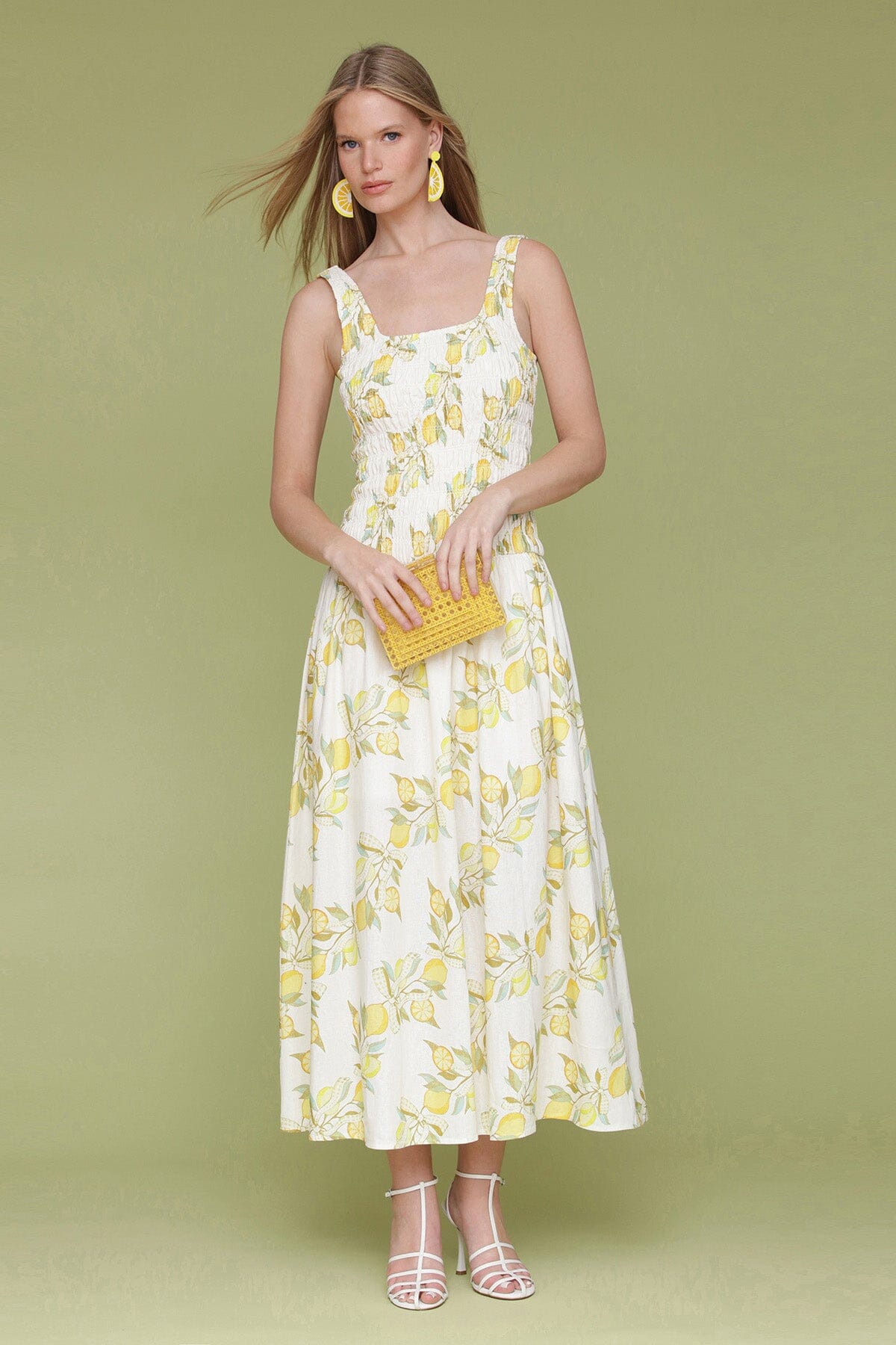 Lemon vine printed linen blend drop-waist smock midi dress with square neckline, wide tank-style straps and gathered midi-length skirt - Cute women's dresses by Avec Les Filles