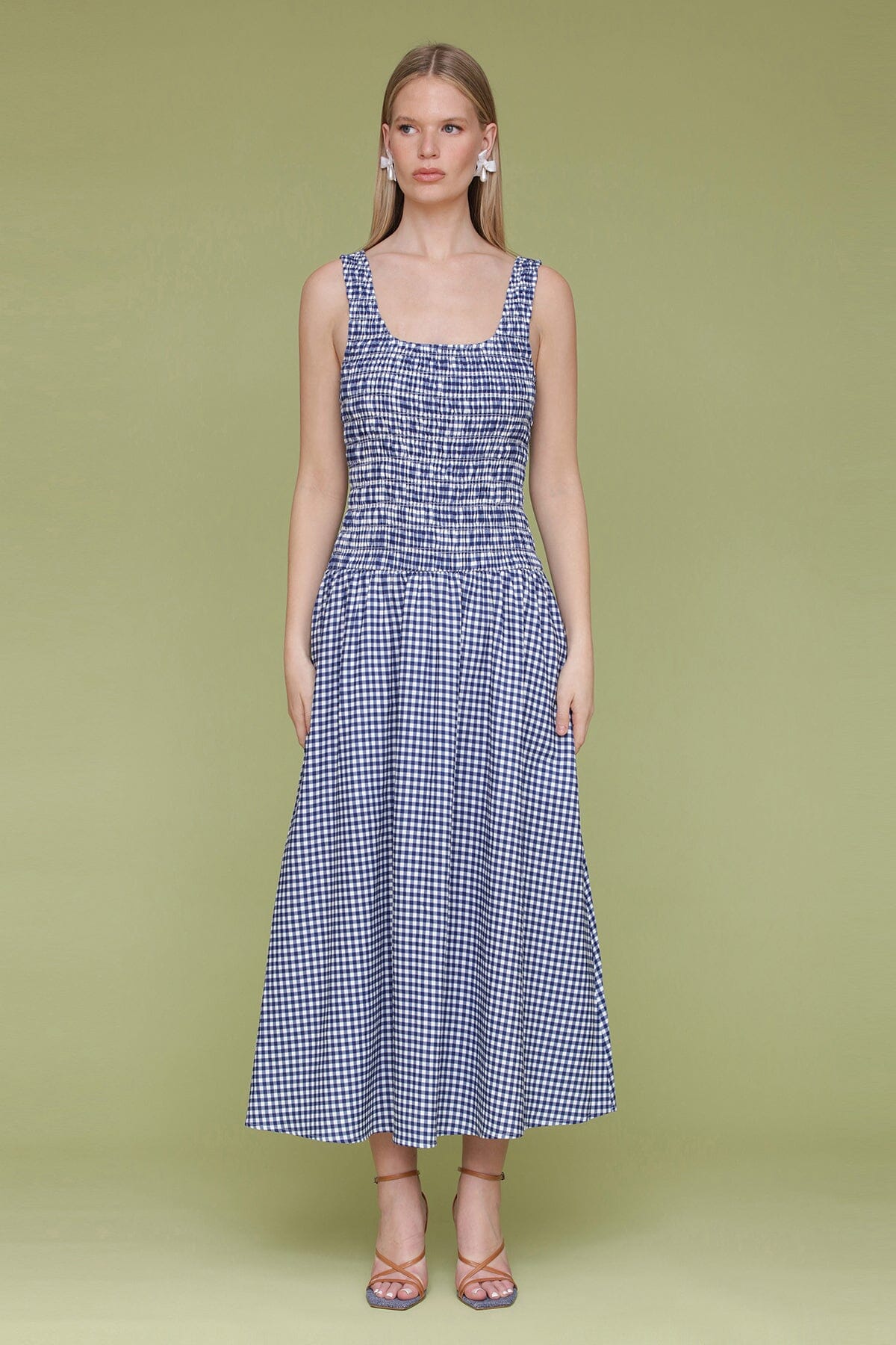 Navy white gingham printed linen blend drop-waist smock midi dress with square neckline, wide tank-style straps and gathered midi-length skirt - Cute women's dresses by Avec Les Filles