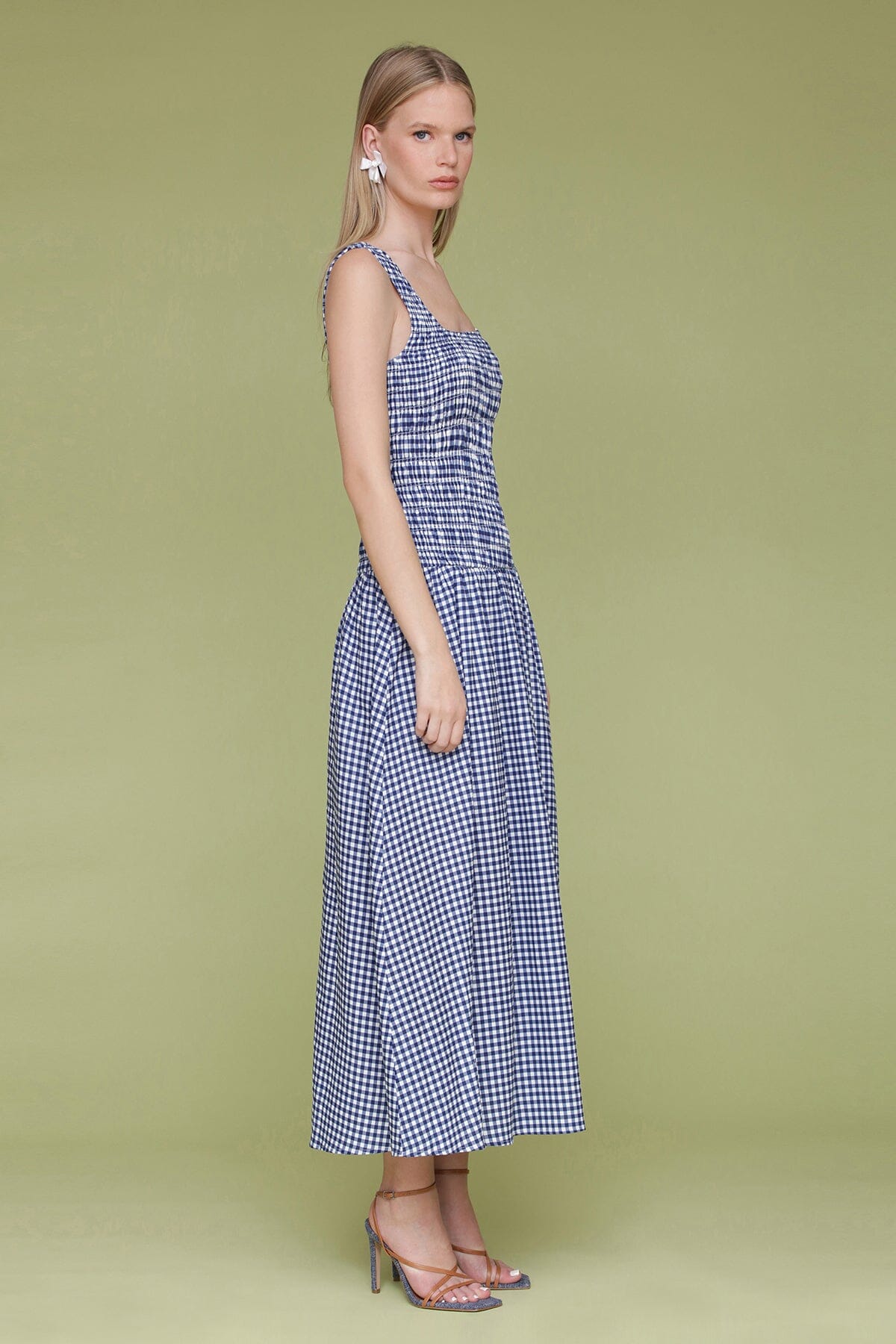 Navy white gingham printed linen blend drop-waist smock midi dress with square neckline, wide tank-style straps and gathered midi-length skirt - Cute women's dresses by Avec Les Filles