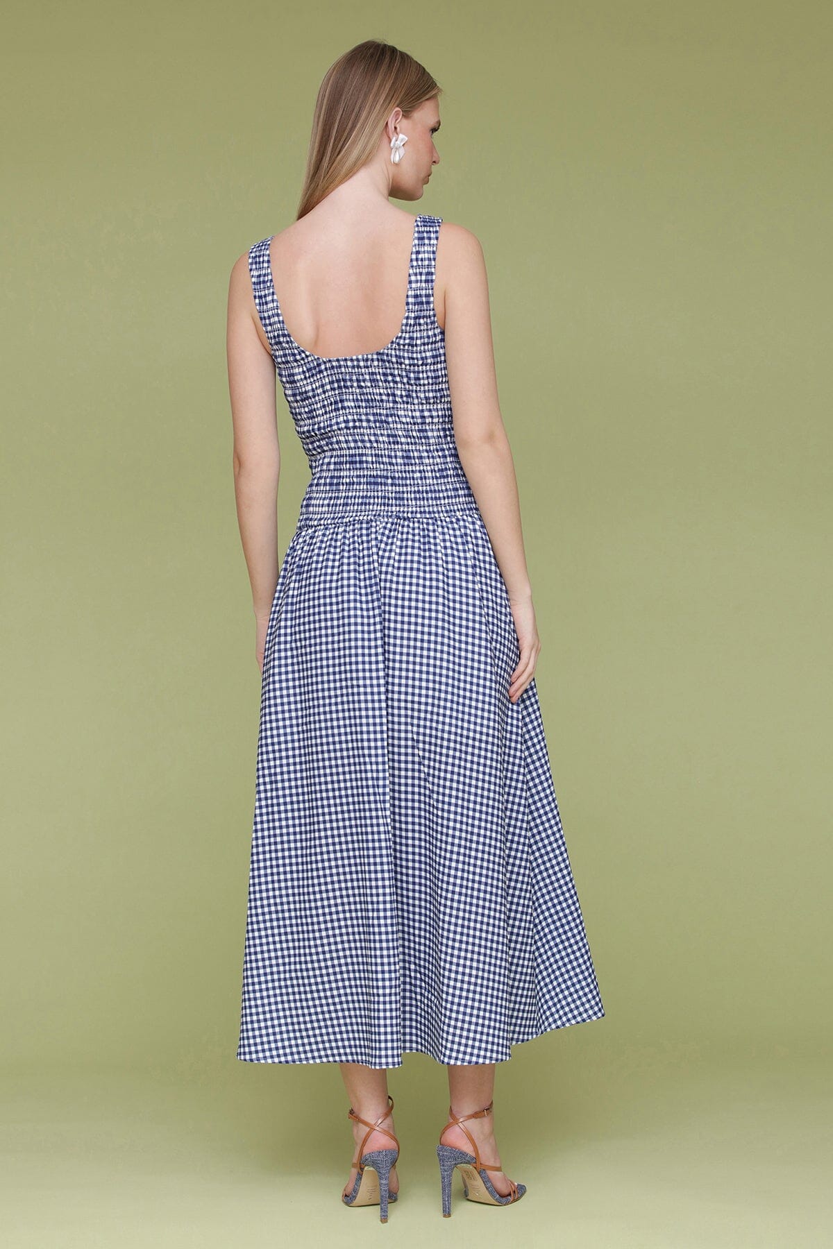 Navy white gingham printed linen blend drop-waist smock midi dress with square neckline, wide tank-style straps and gathered midi-length skirt - Cute women's dresses by Avec Les Filles