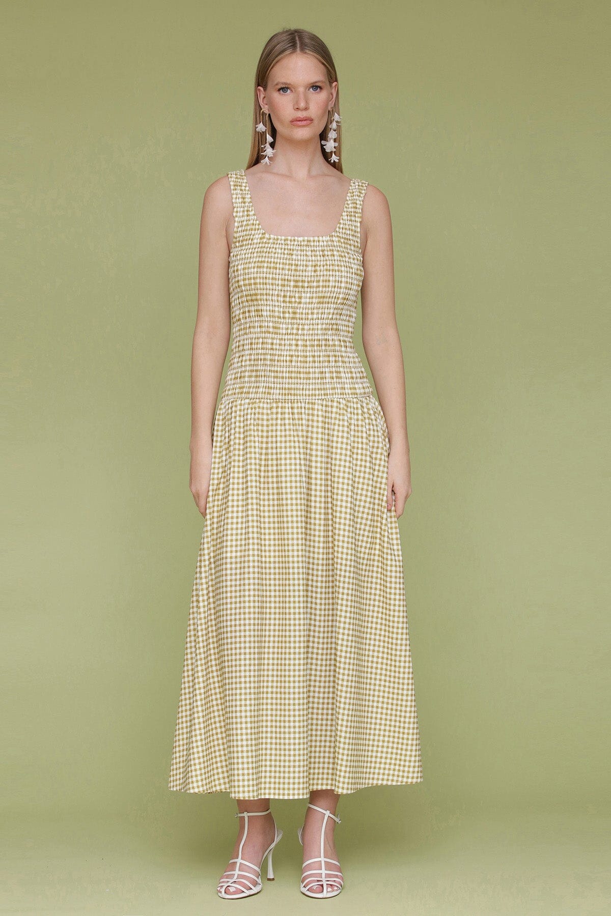 Olio gingham printed linen blend drop-waist smock midi dress with square neckline, wide tank-style straps and gathered midi-length skirt - Cute women's dresses by Avec Les Filles