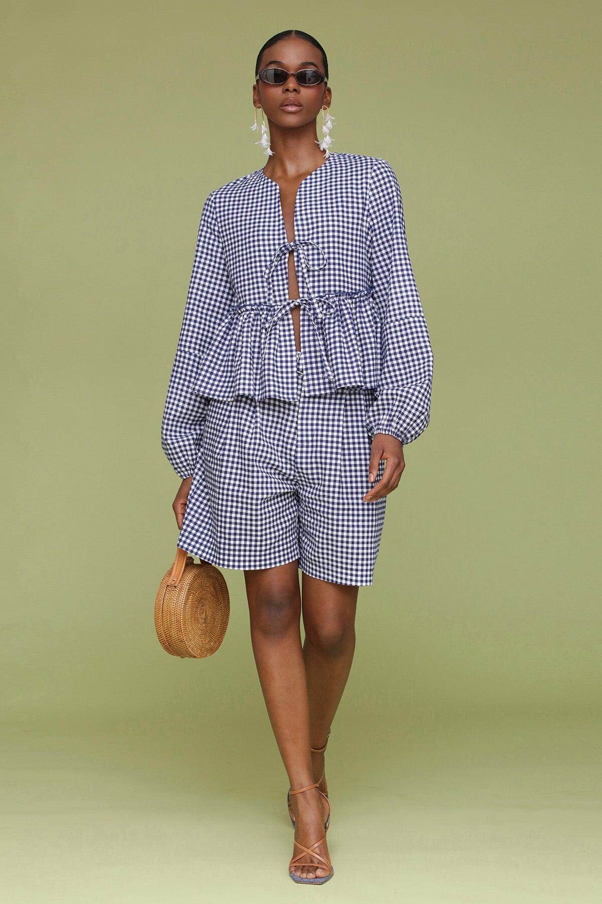 Gingham linen blend tailored high rise navy white shorts with front pleats and detachable self belt - Cute women's shorts by Avec Les Filles
