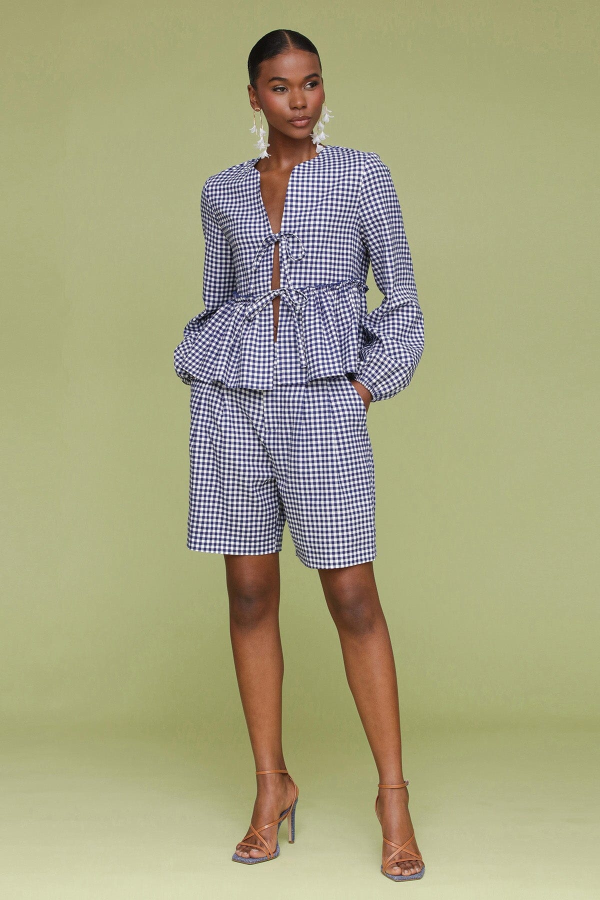 Gingham linen blend tailored high rise navy white shorts with front pleats and detachable self belt - Cute women's shorts by Avec Les Filles
