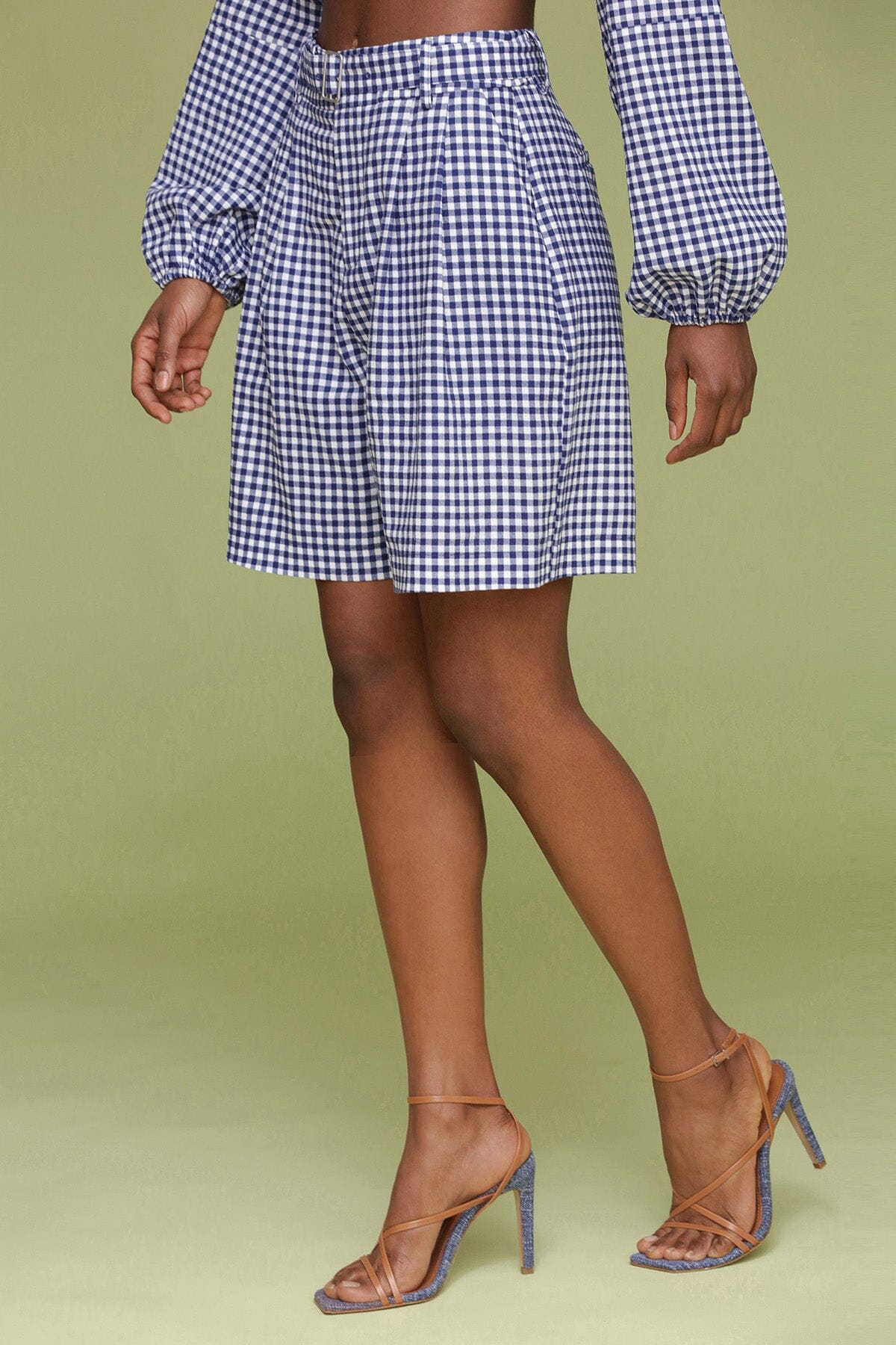 Gingham linen blend tailored high rise navy white shorts with front pleats and detachable self belt - Cute women's shorts by Avec Les Filles