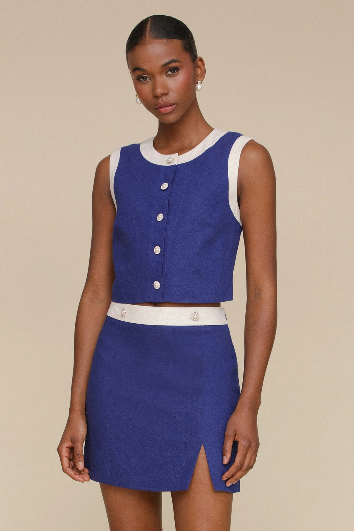 Navy blue linen blend vest sleeveless crop top with crew neckline and button-front closure with pearlized buttons - Cute women's tops by Avec Les Filles