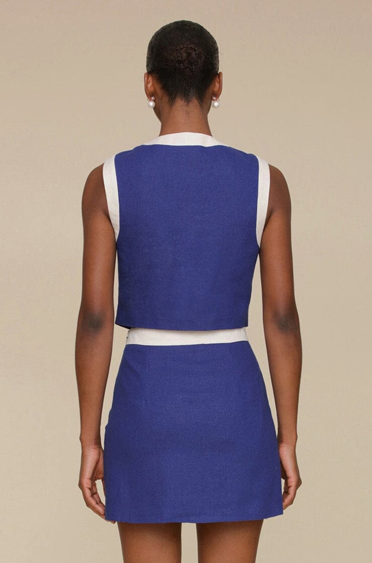 Navy blue linen blend vest sleeveless crop top with crew neckline and button-front closure with pearlized buttons - Cute women's tops by Avec Les Filles