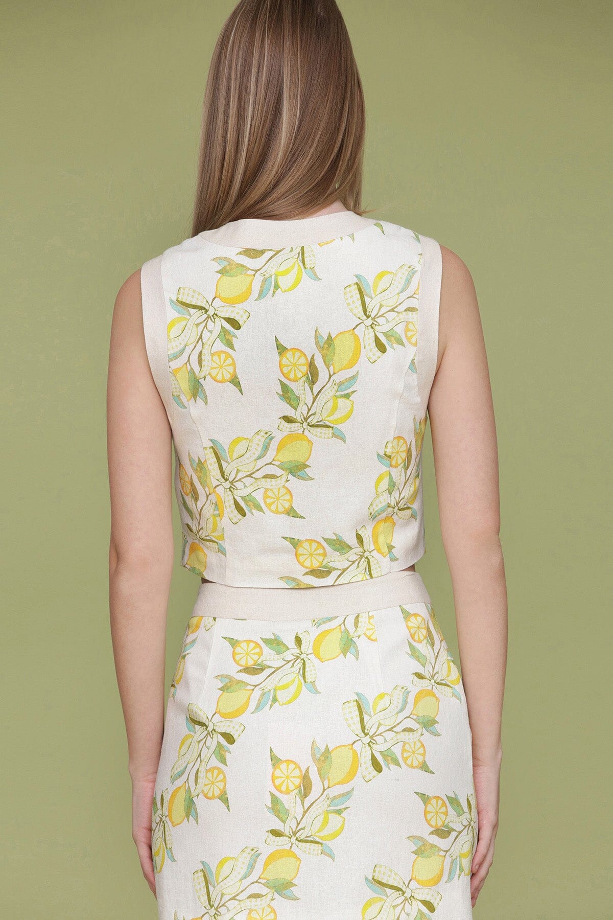 White lemon vine linen blend vest sleeveless crop top with crew neckline 
and button-front closure with pearlized buttons - Cute women's tops by Avec Les Filles