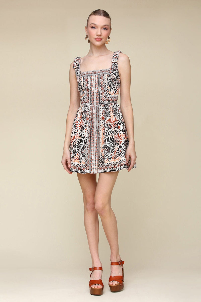 Multicolor casablanca tile print linen blend fit & flare mini dress with square neckline and bows on straps - Cute womens linen dresses by Avec Les Filles