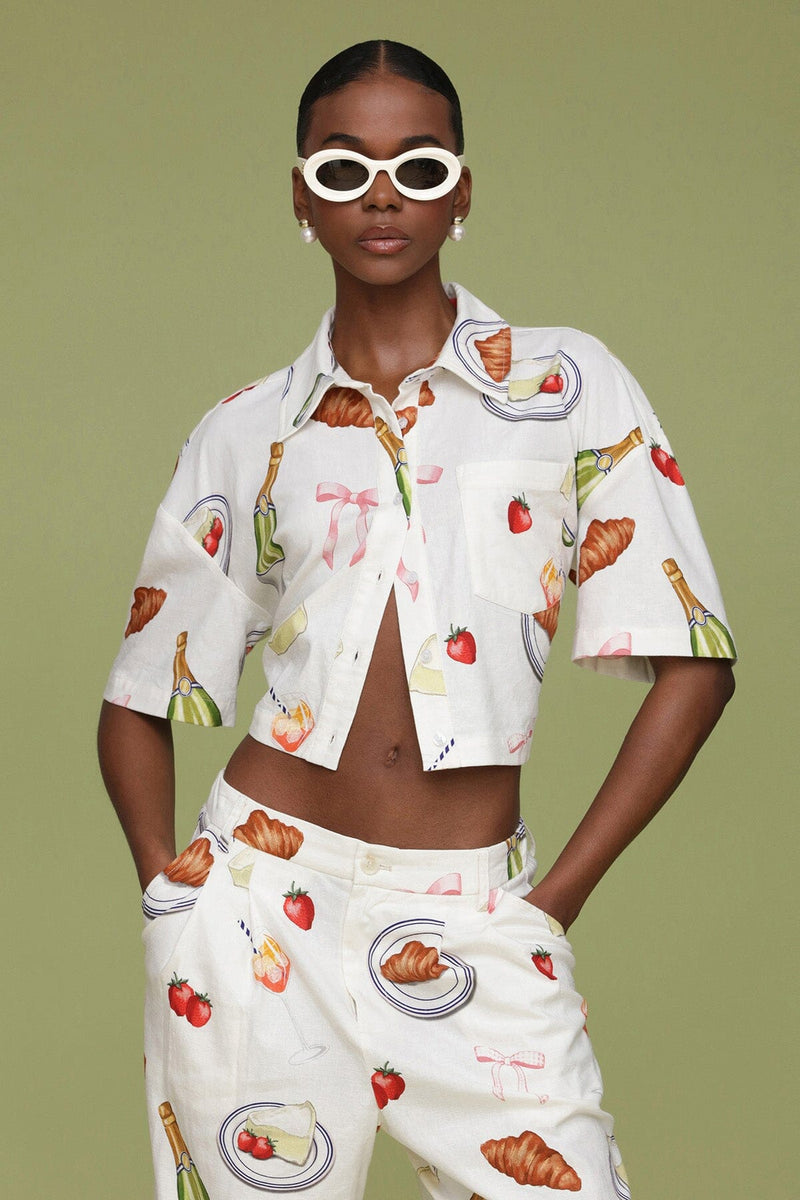 Ivory Tabletop Print Cropped Boxy Shirt with classic collar, button front placket and short sleeves with dropped shoulder - Cute womens shirts by Avec Les Filles