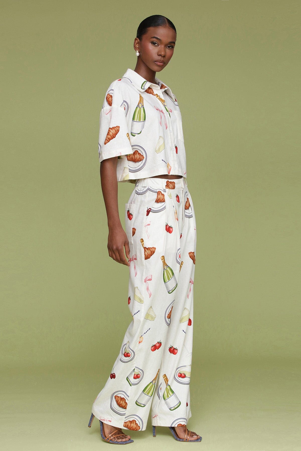 Ivory Tabletop Print Cropped Boxy Shirt with classic collar, button front placket and short sleeves with dropped shoulder - Cute womens shirts by Avec Les Filles
