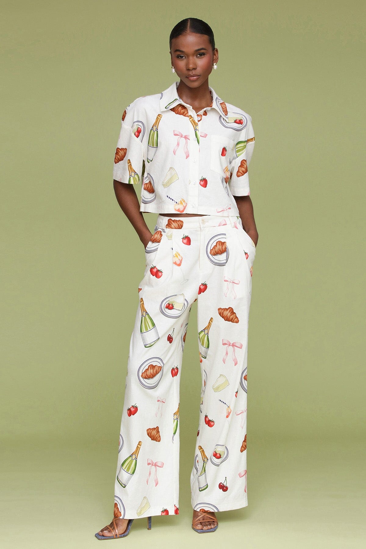 Ivory Tabletop Print Cropped Boxy Shirt with classic collar, button front placket and short sleeves with dropped shoulder - Cute womens shirts by Avec Les Filles