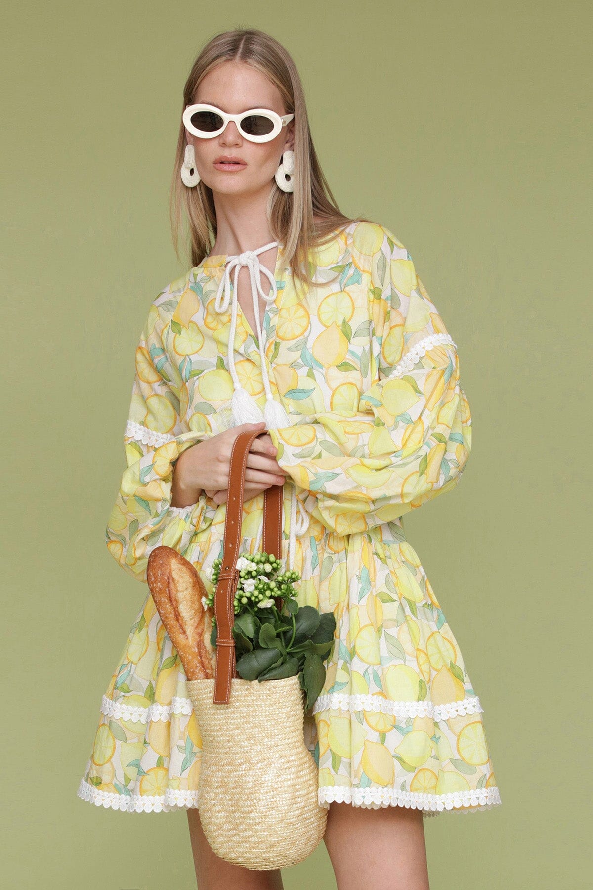 Limoncello printed cotton prairie mini dress with round neckline, long balloon sleeves and  removable self-tie belt - Cute women's dresses by Avec Les Filles