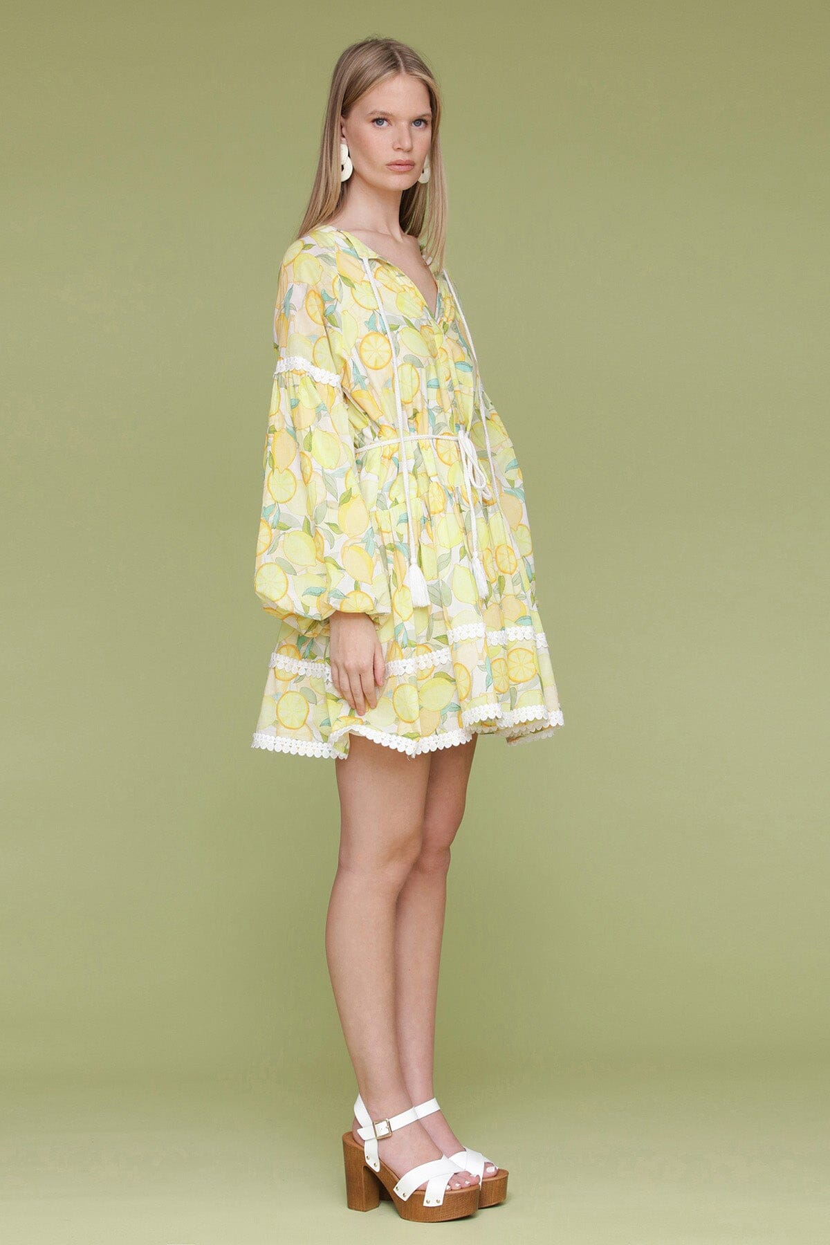 Limoncello printed cotton prairie mini dress with round neckline, long balloon sleeves and  removable self-tie belt - Cute women's dresses by Avec Les Filles