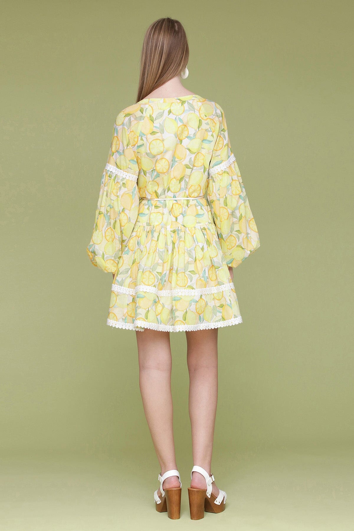 Limoncello printed cotton prairie mini dress with round neckline, long balloon sleeves and  removable self-tie belt - Cute women's dresses by Avec Les Filles