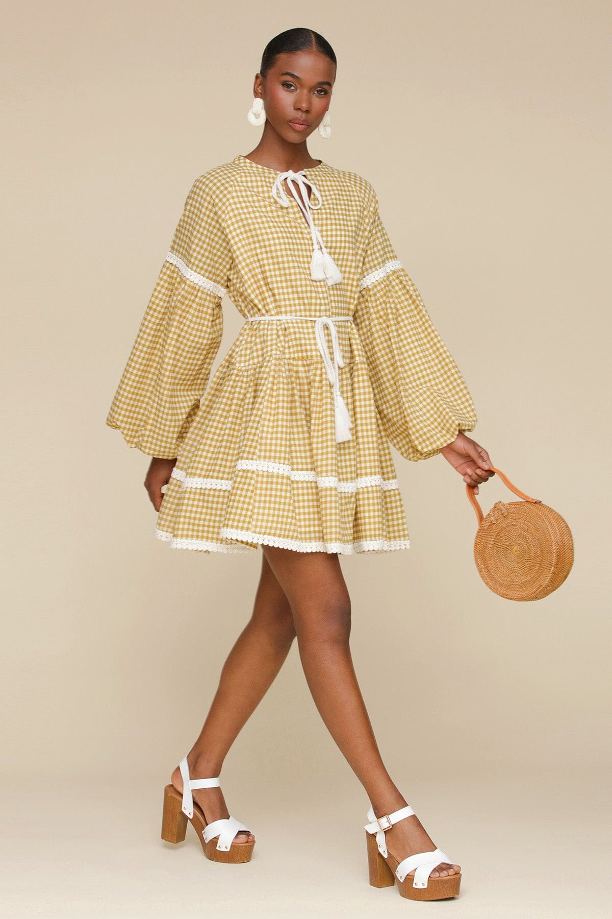 Olio gingham printed cotton prairie mini dress with round neckline, long balloon sleeves and  removable self-tie belt - Cute women's dresses by Avec Les Filles