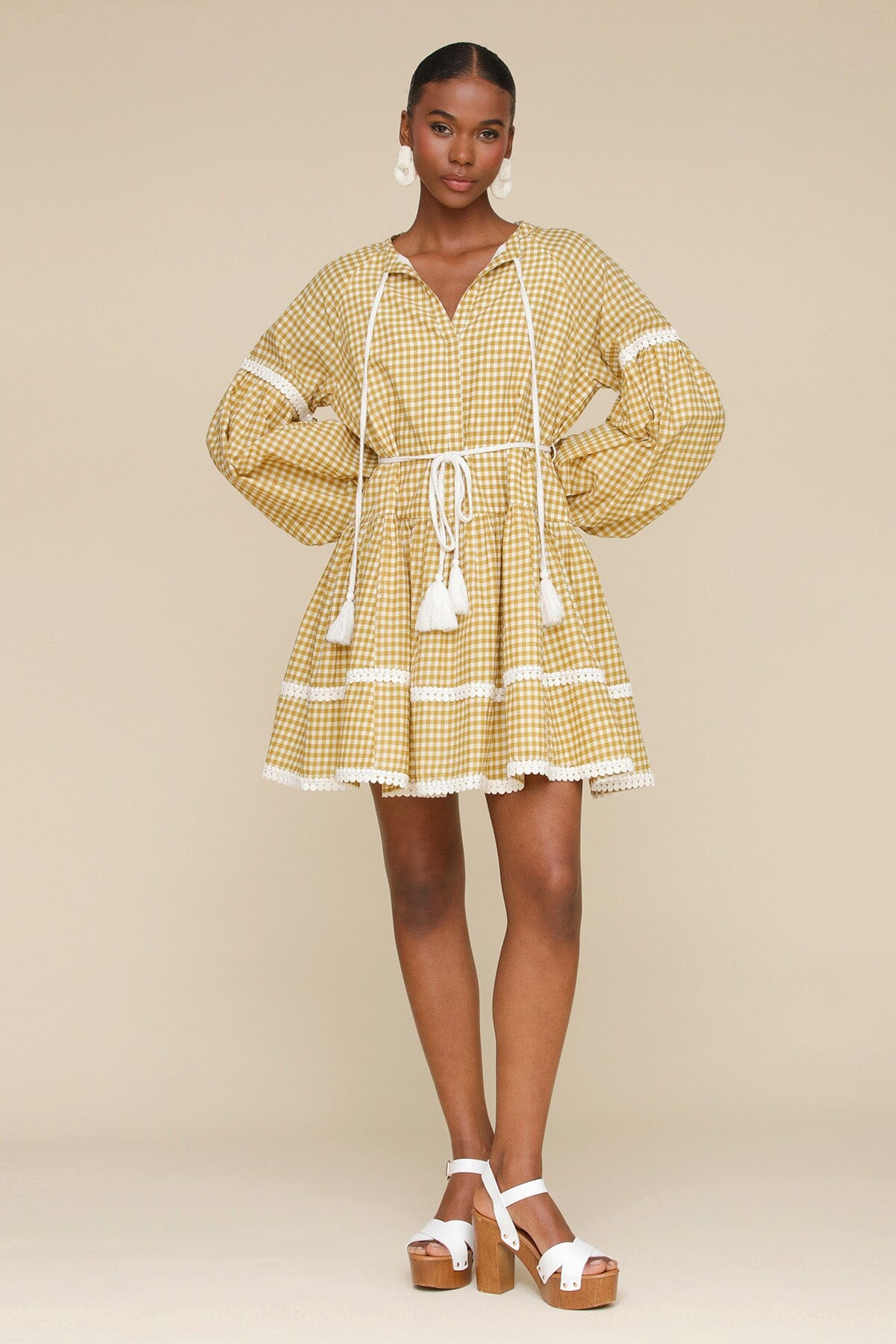 Olio gingham printed cotton prairie mini dress with round neckline, long balloon sleeves and  removable self-tie belt - Cute women's dresses by Avec Les Filles