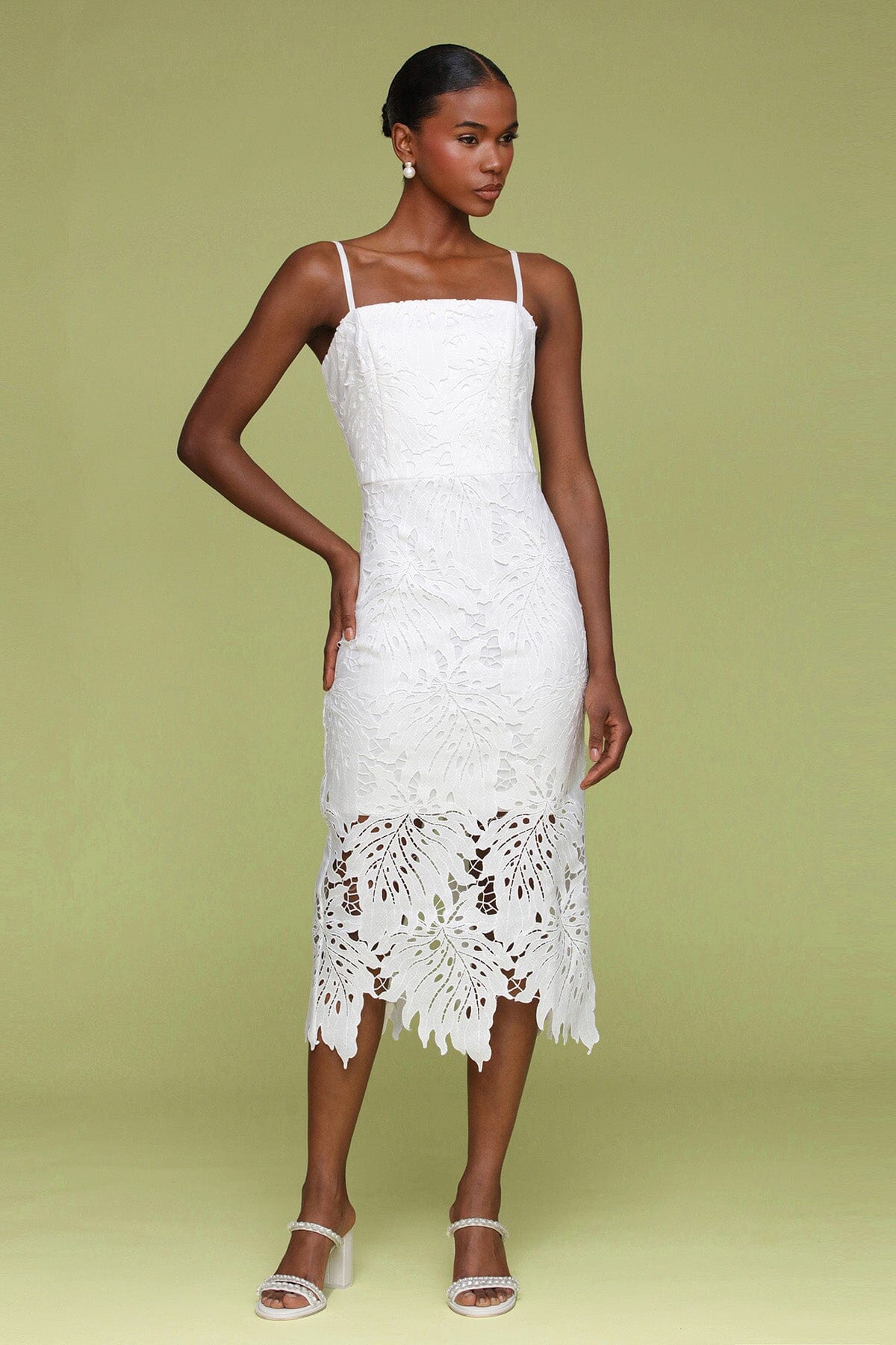 White leaf embroidered sheath midi dress with square neckline and adjustable straps - Cute women's dresses by Avec Les Filles