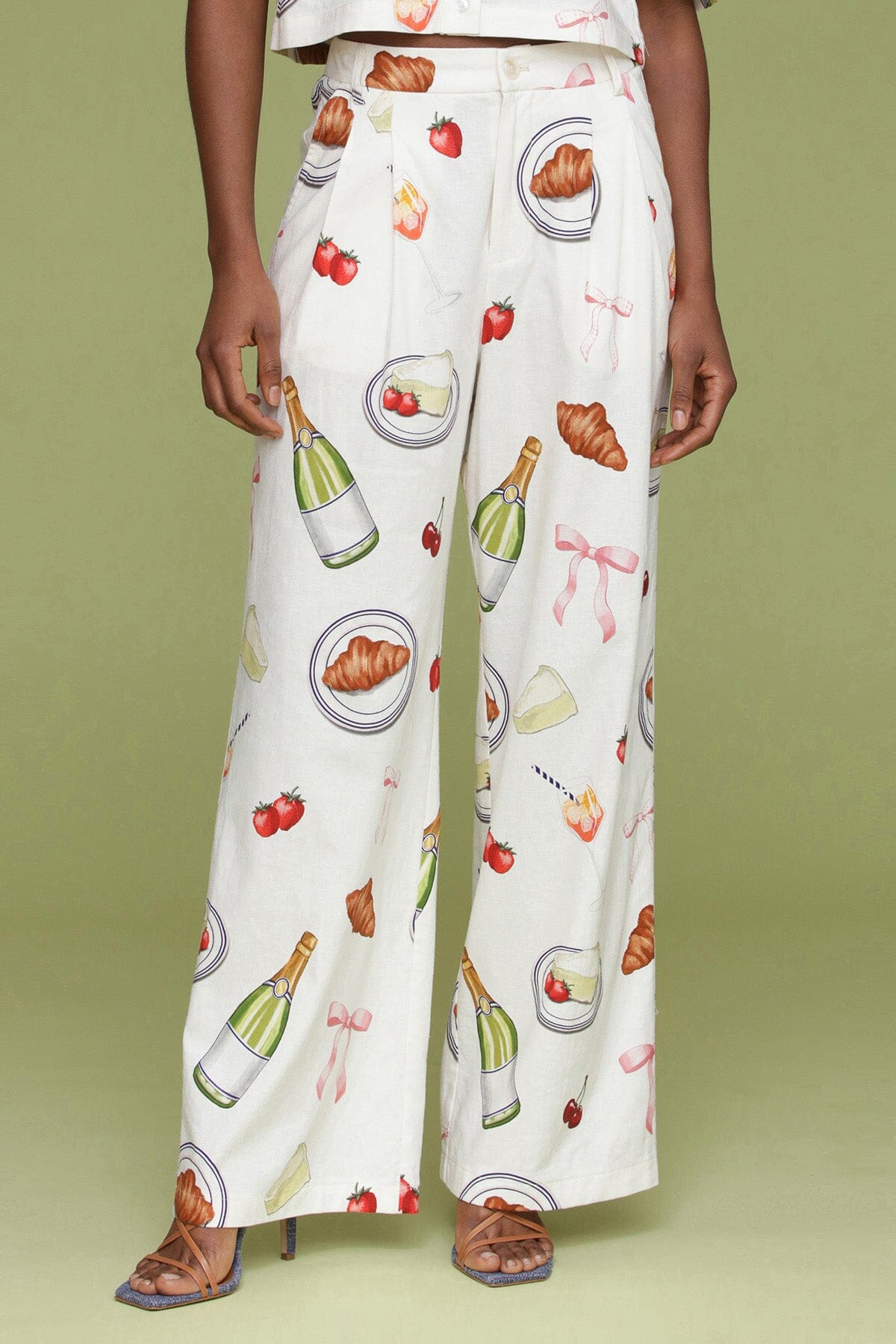 Ivory Tabletop Print Wide Leg Trouser with fixed front waistband with elastic at back and front pleats and slanted hip pockets - Cute womens trouser pants by Avec Les Filles
