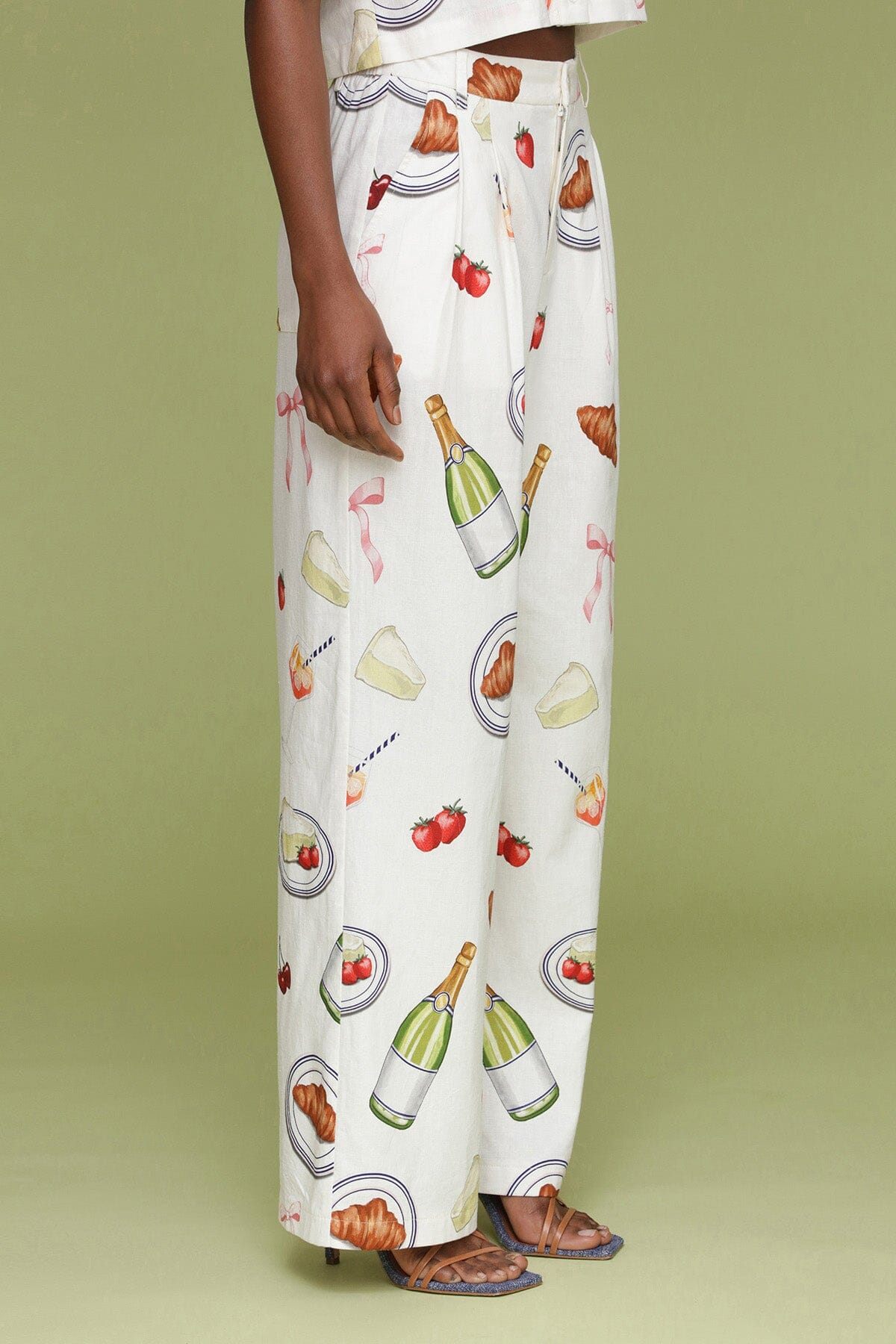 Ivory Tabletop Print Wide Leg Trouser with fixed front waistband with elastic at back and front pleats and slanted hip pockets - Cute womens trouser pants by Avec Les Filles
