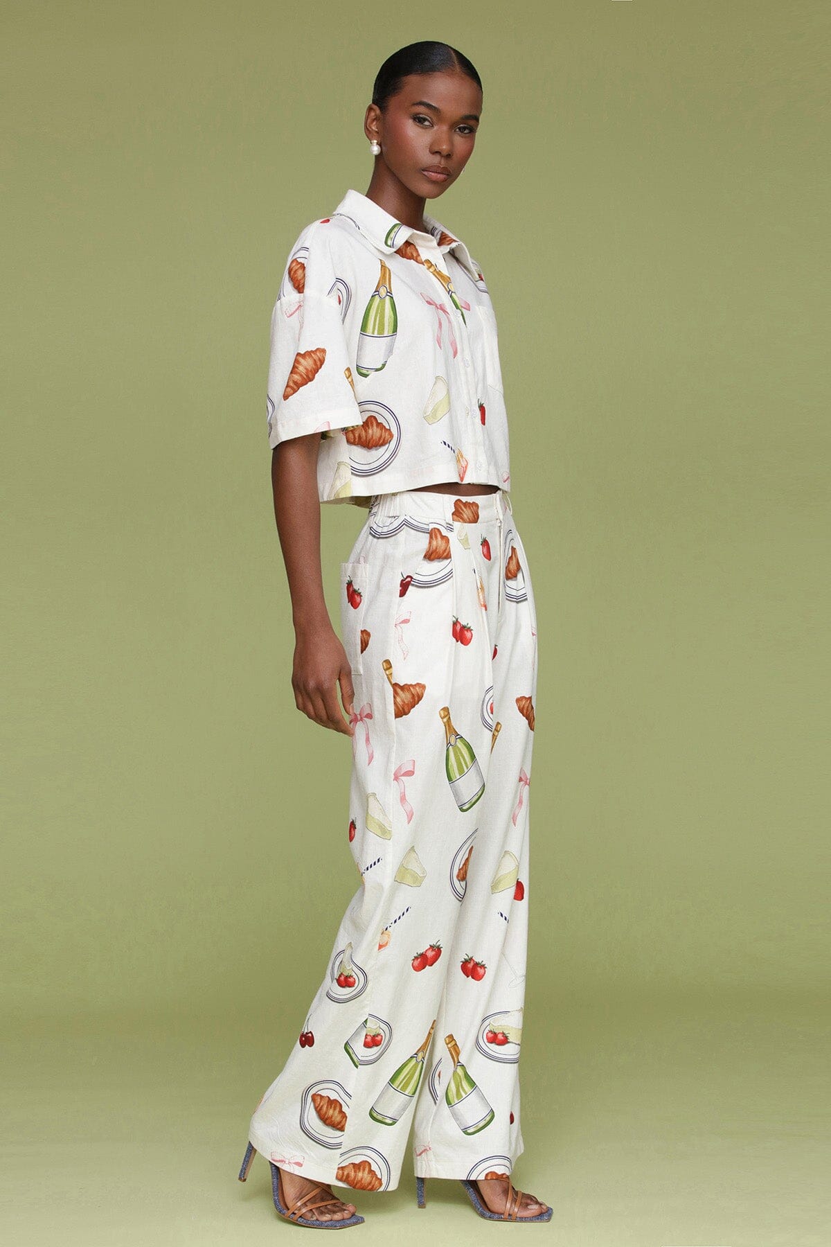 Ivory Tabletop Print Wide Leg Trouser with fixed front waistband with elastic at back and front pleats and slanted hip pockets - Cute womens trouser pants by Avec Les Filles