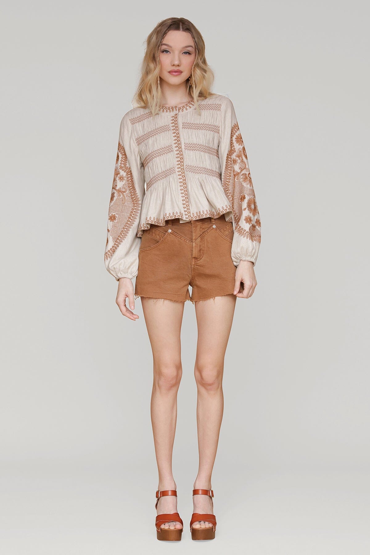 Cut-off brown denim shorts in a cotton blend with a high-rise waist - Shop women's denim shorts by Avec Les Filles