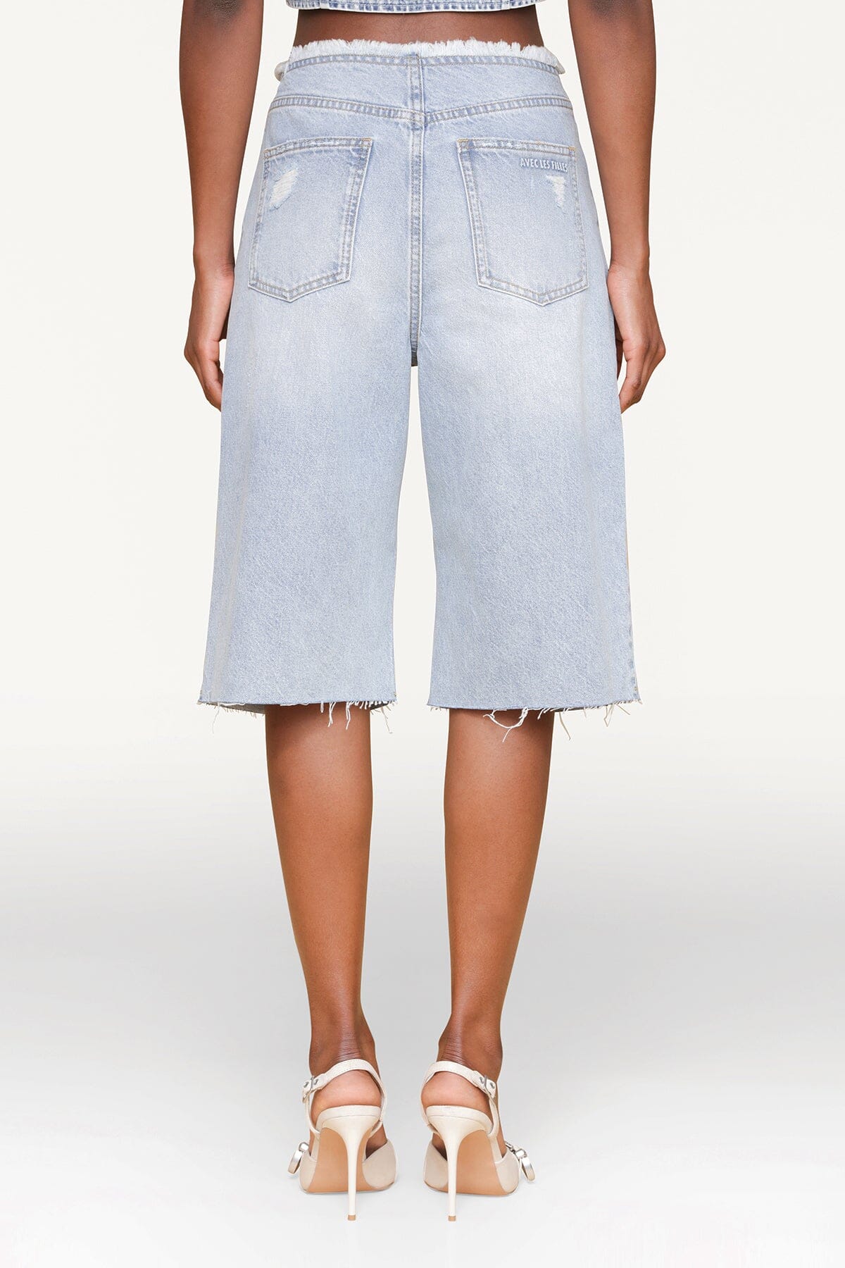 Distressed blue wide-leg denim bermuda shorts - Shop designer women's denim bermuda shorts by Avec Les Filles