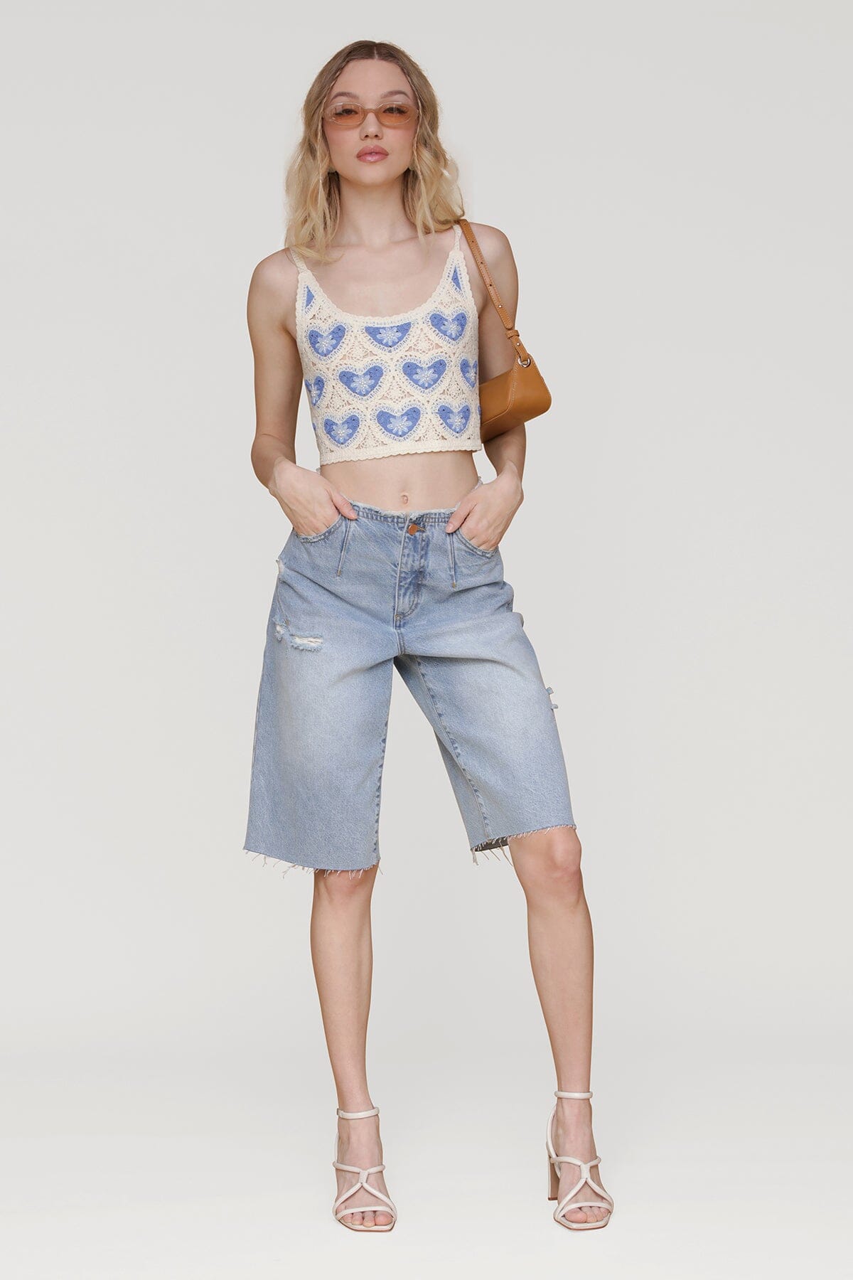 Distressed blue wide-leg denim bermuda shorts - Shop designer women's denim bermuda shorts by Avec Les Filles