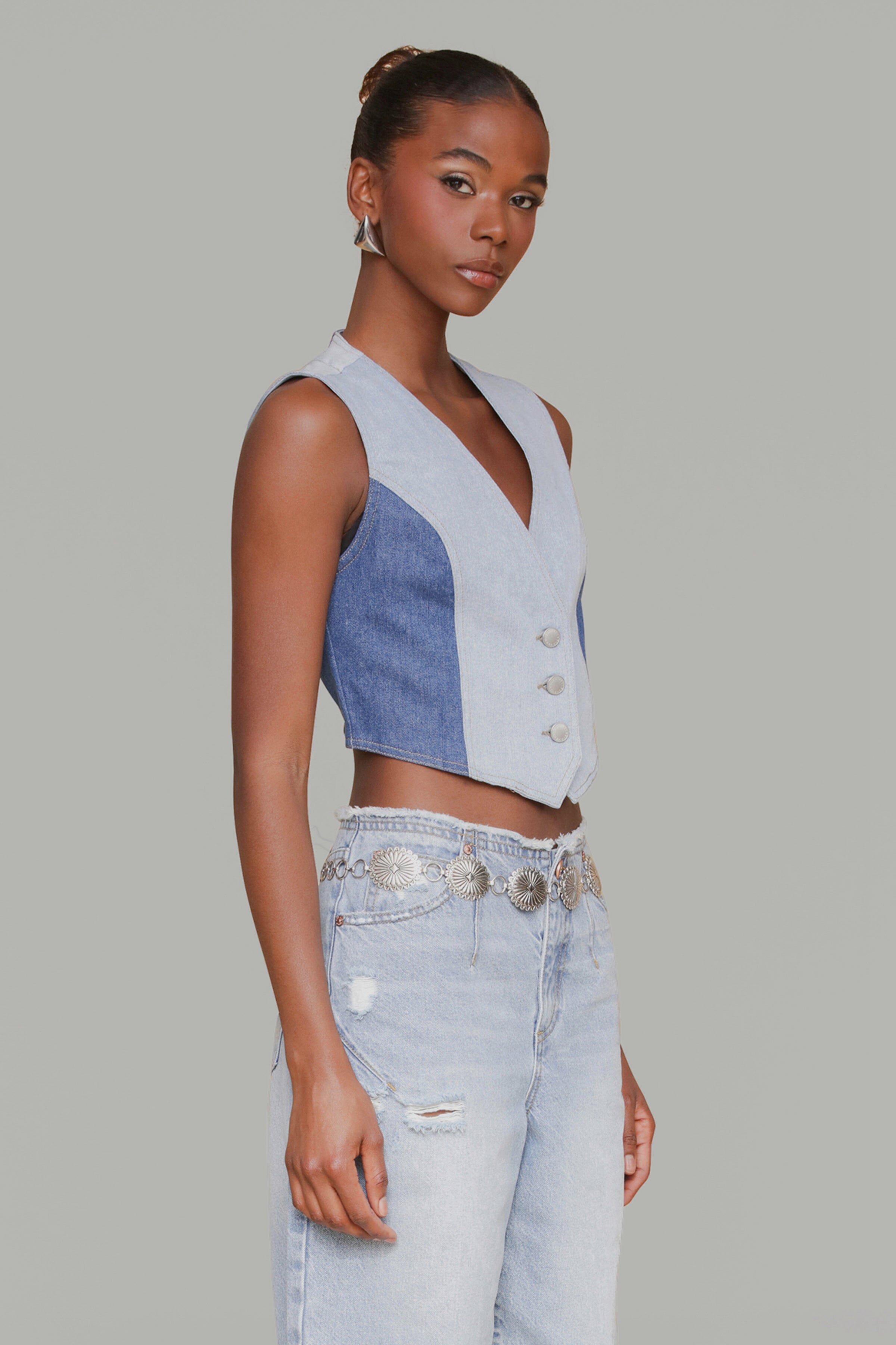 Two-tone light blue sleeveless denim cropped vest with button front - Shop women's denim vests by Avec Les Filles