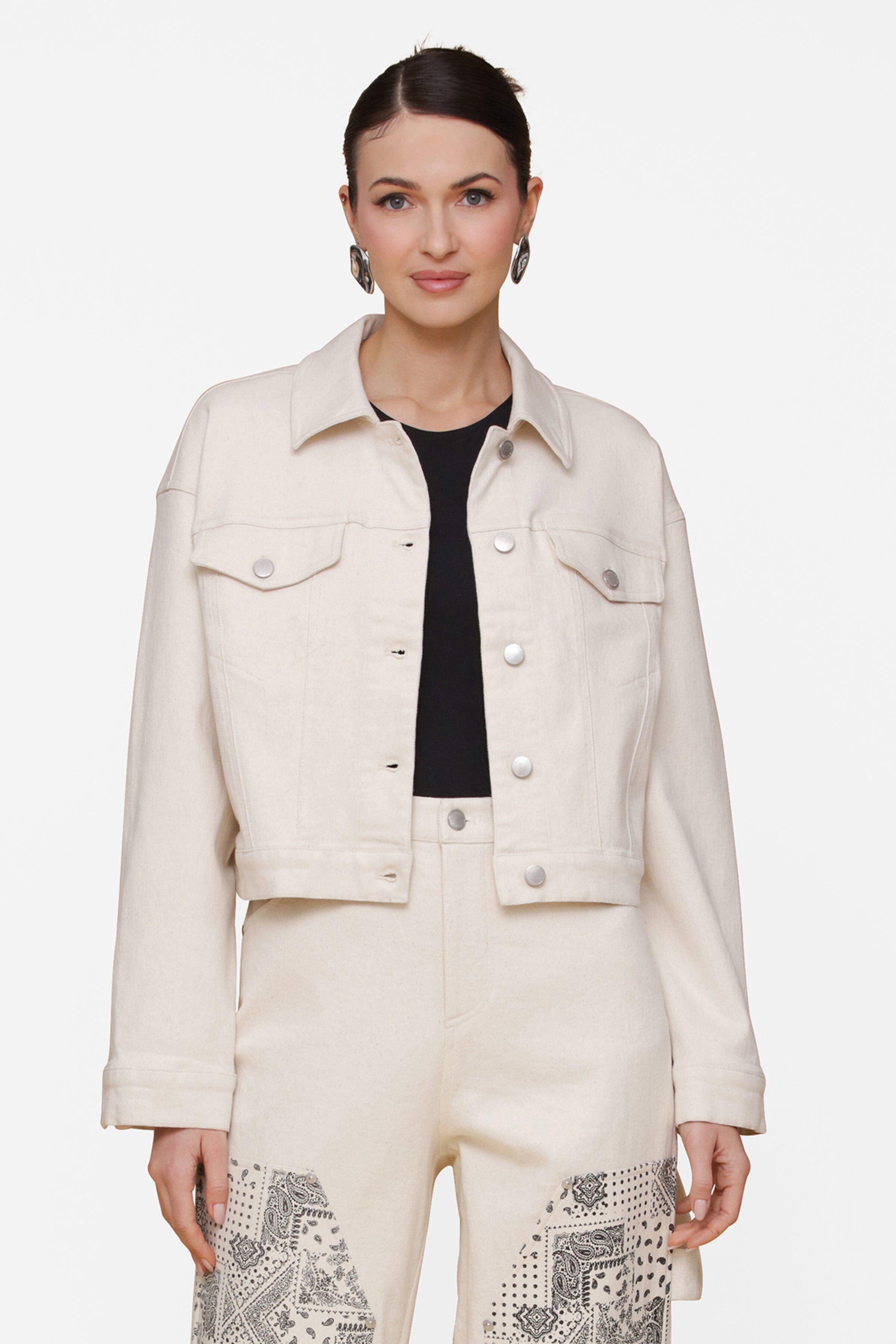 Heart patchwork off white cropped denim jacket - Shop designer women's denim jackets by Avec Les Filles.