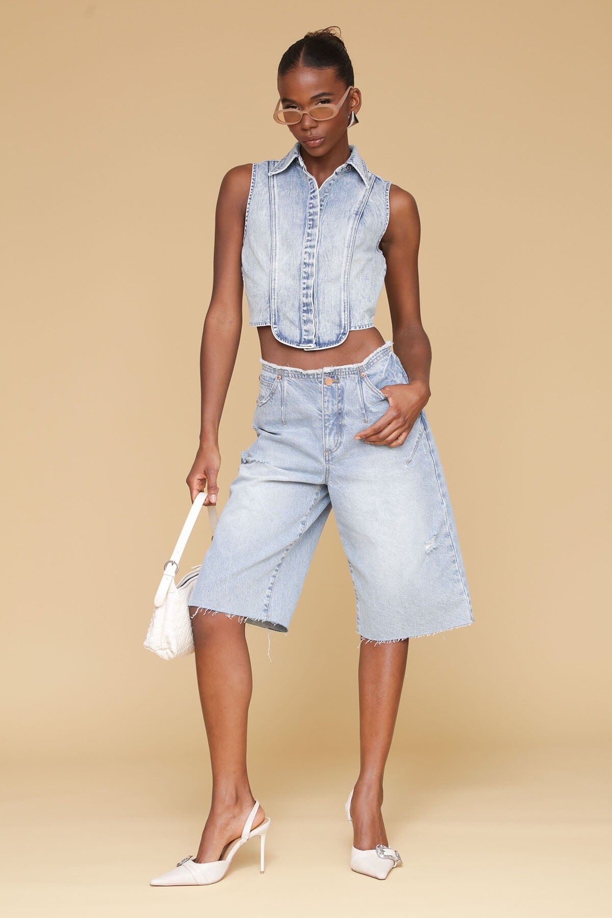 Tuxedo blue denim sleeveless crop top made of 100% cotton and button front with classic shirt collar - Cute women's shirts & tops by Avec Les Filles