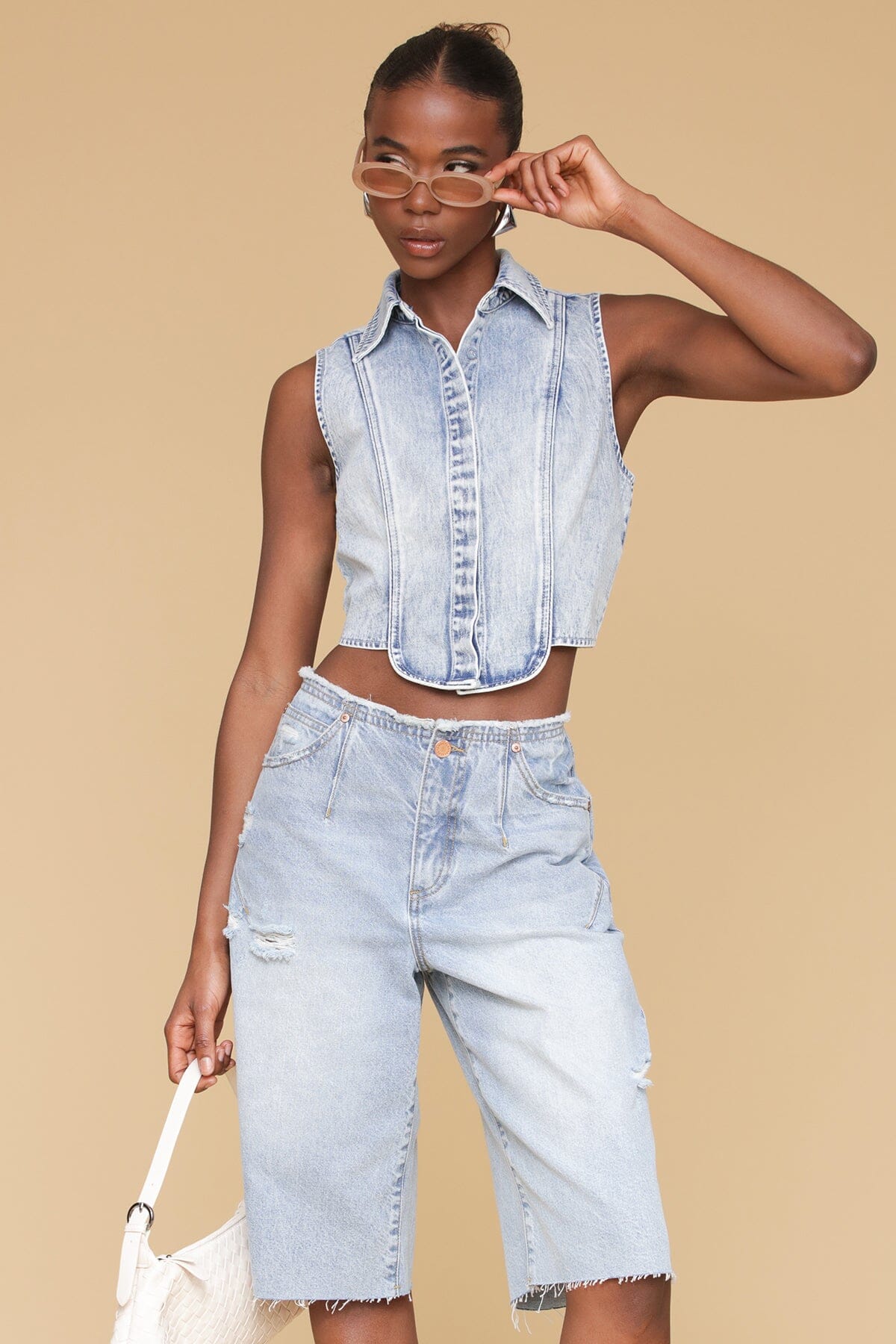 Tuxedo blue denim sleeveless crop top made of 100% cotton and button front with classic shirt collar - Cute women's shirts & tops by Avec Les Filles