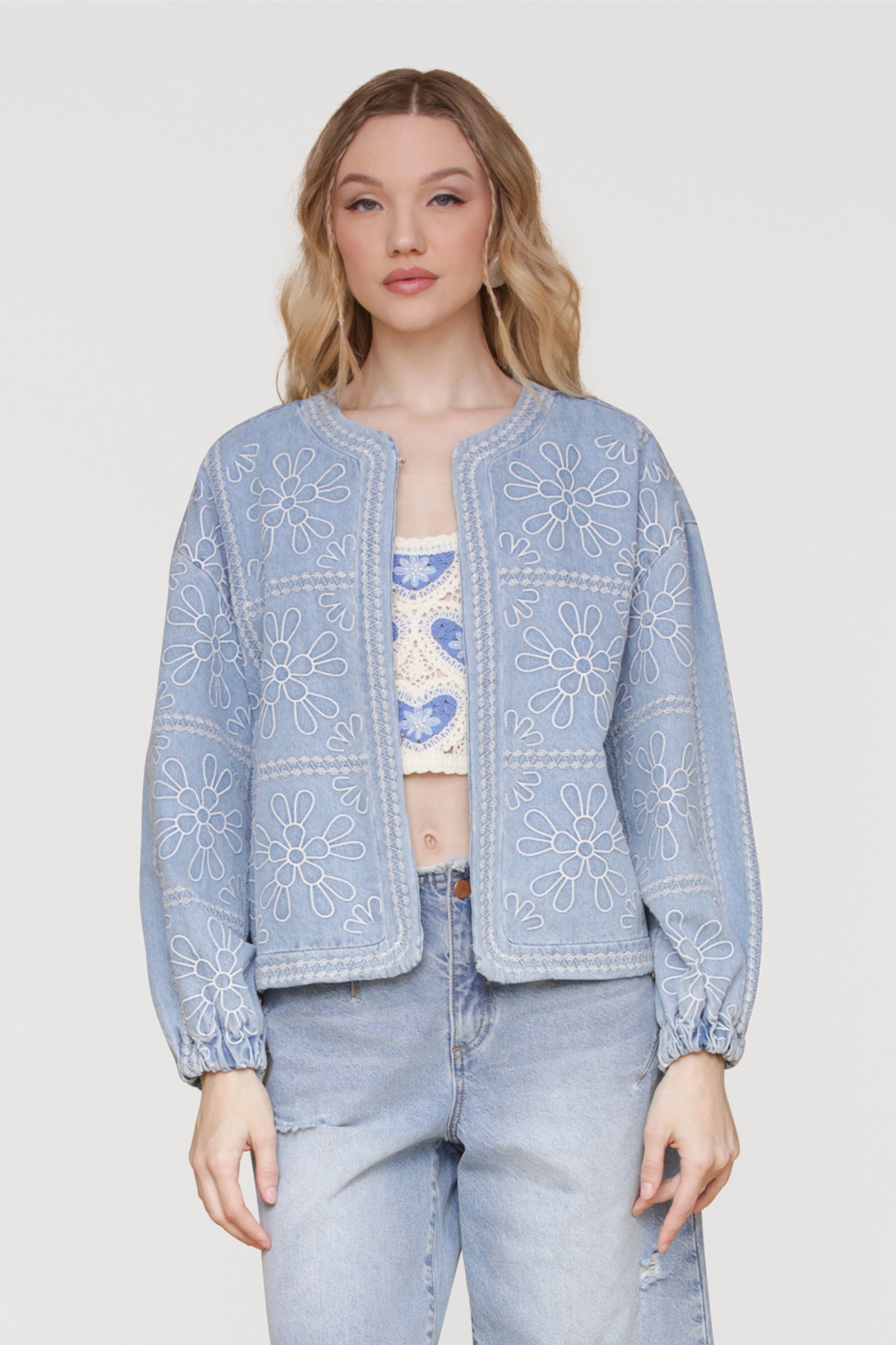 Light blue embroidered floral denim jacket - Shop designer women's cute denim jackets by Avec Les Filles.