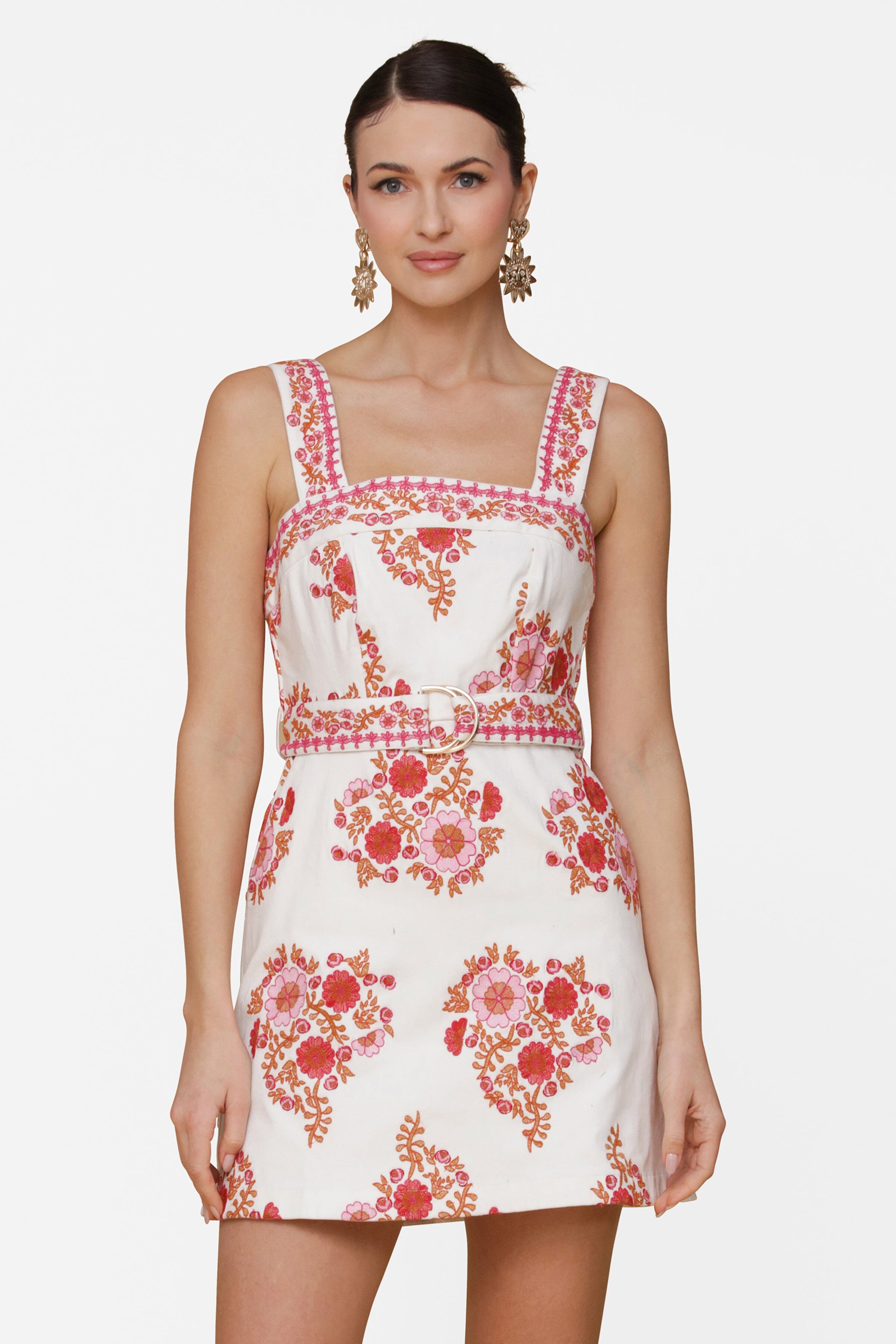 Floral Stretch Cotton Belted Mini Dress