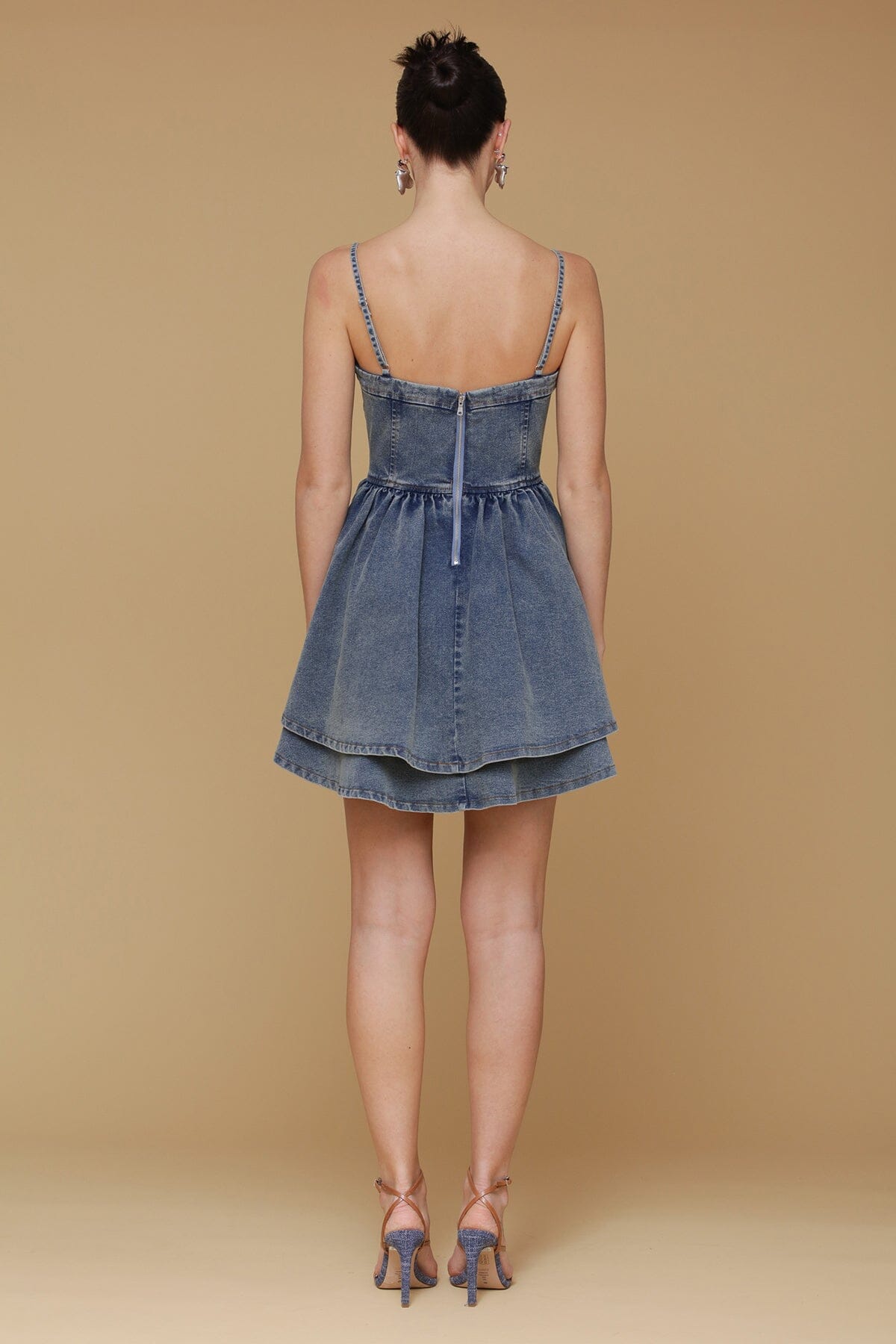 Rosette detail blue denim mini dress with adjustable spaghetti straps and layered full skirt with gathered waist - Cute women's mini dresses by Avec Les Filles