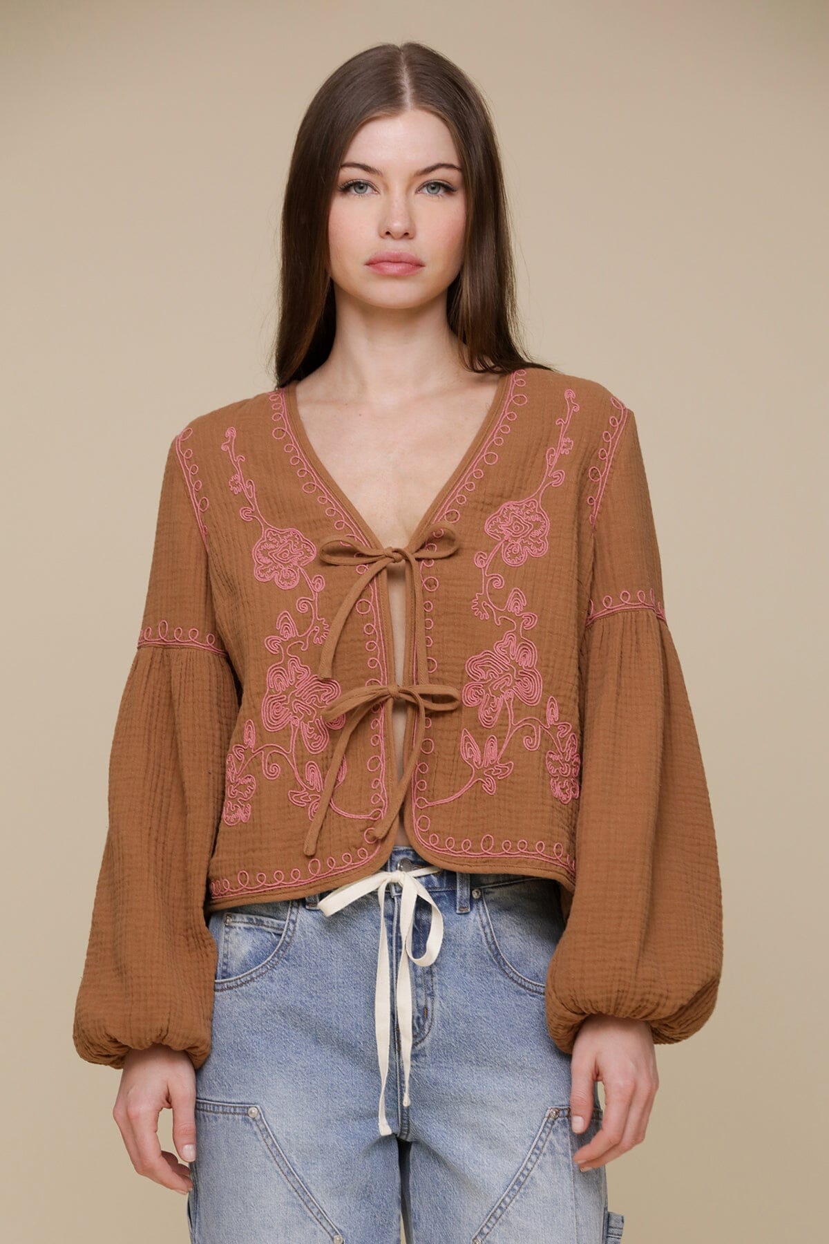Tonal floral embroidered brown cotton tie-front blouse with V-neckline and balloon sleeves - Cute women's tops by Avec Les Filles