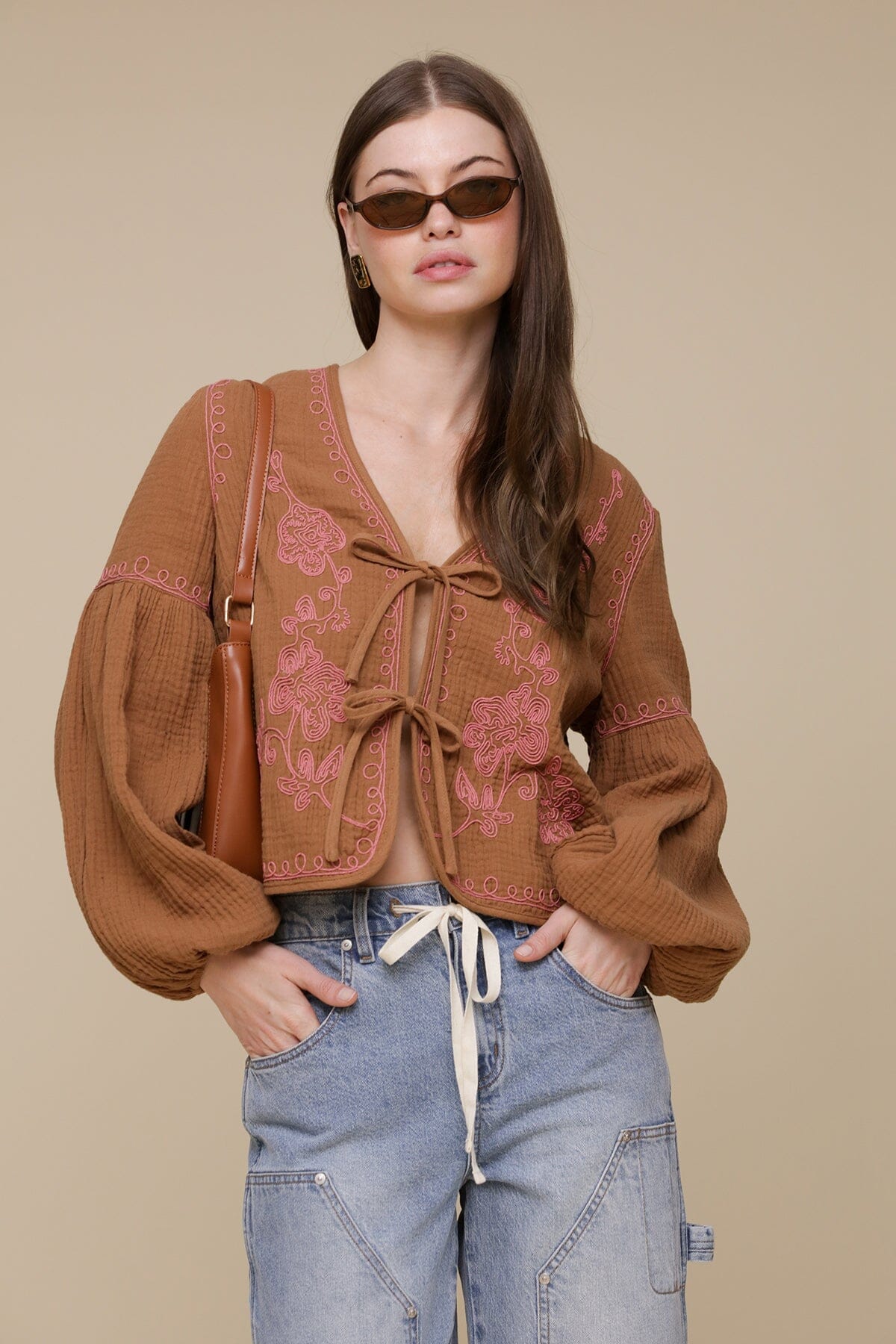 Tonal floral embroidered brown cotton tie-front blouse with V-neckline and balloon sleeves - Cute women's tops by Avec Les Filles