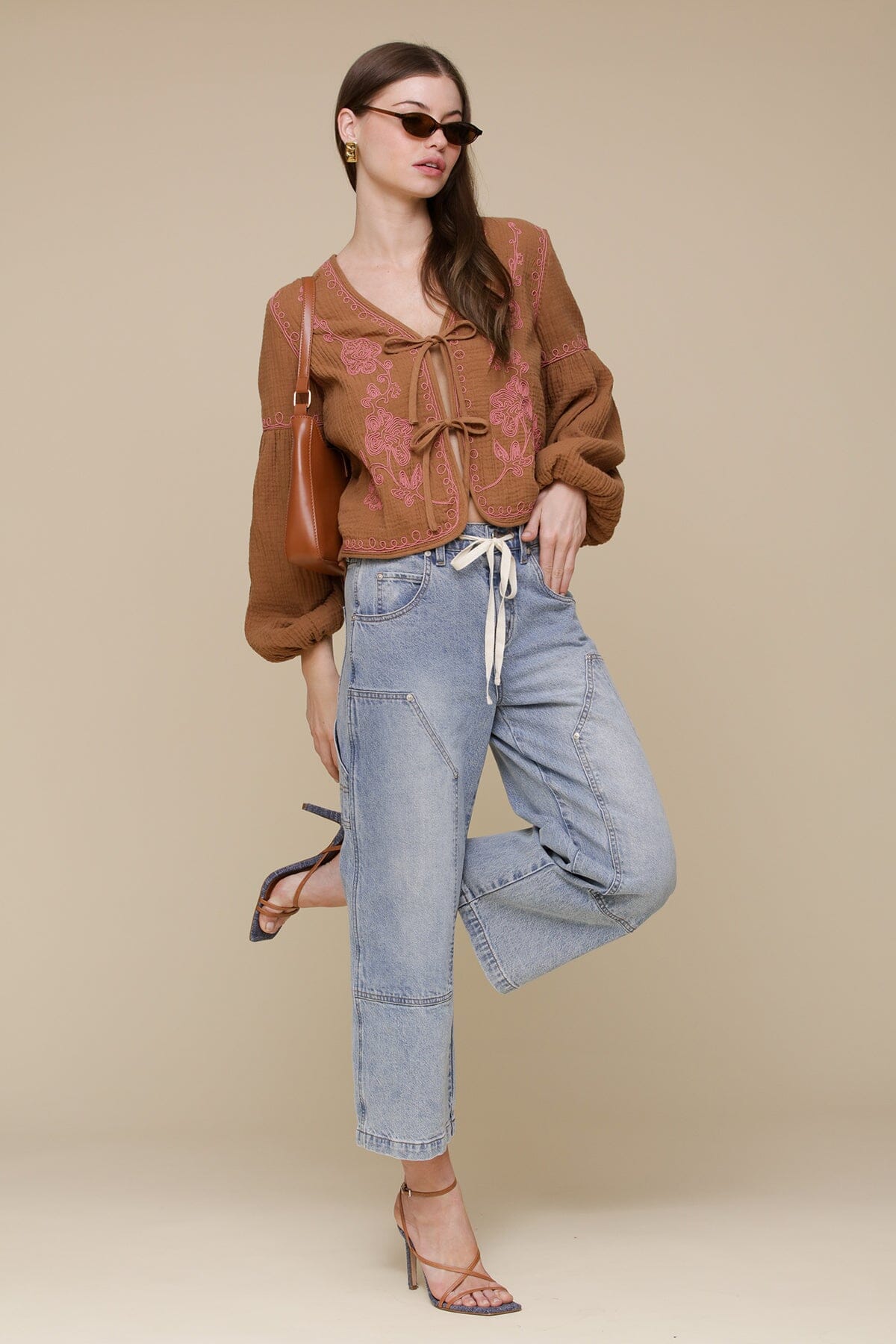 Tonal floral embroidered brown cotton tie-front blouse with V-neckline and balloon sleeves - Cute women's tops by Avec Les Filles