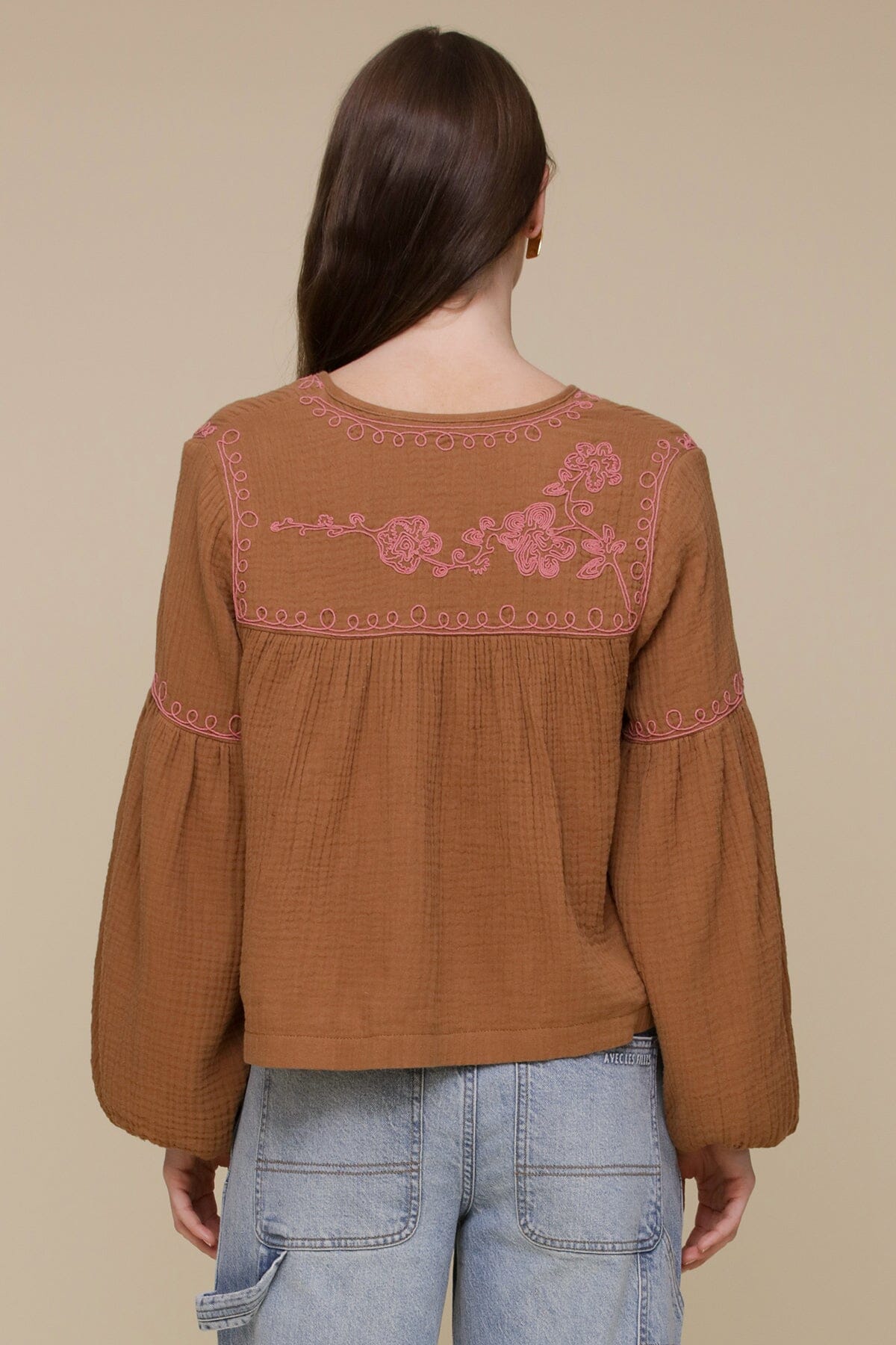 Tonal floral embroidered brown cotton tie-front blouse with V-neckline and balloon sleeves - Cute women's tops by Avec Les Filles