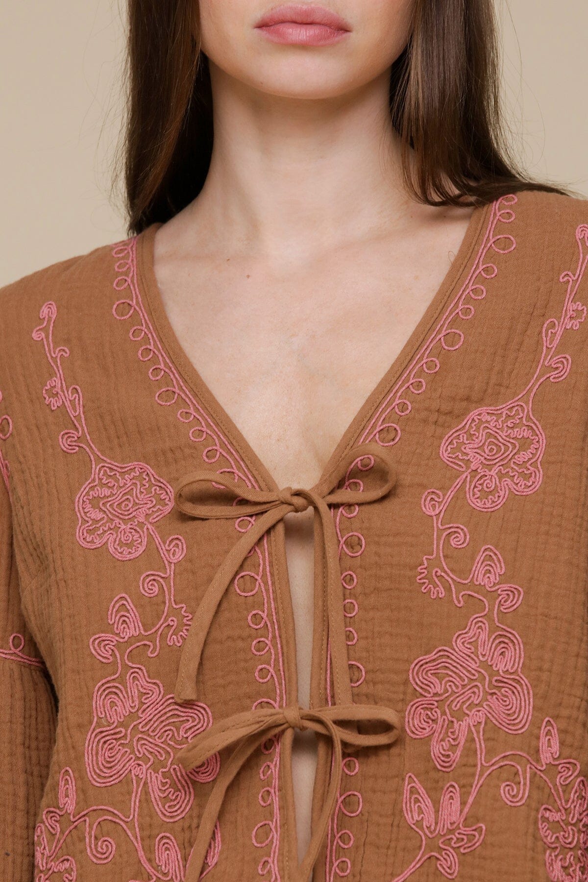Tonal floral embroidered brown cotton tie-front blouse with V-neckline and balloon sleeves - Cute women's tops by Avec Les Filles