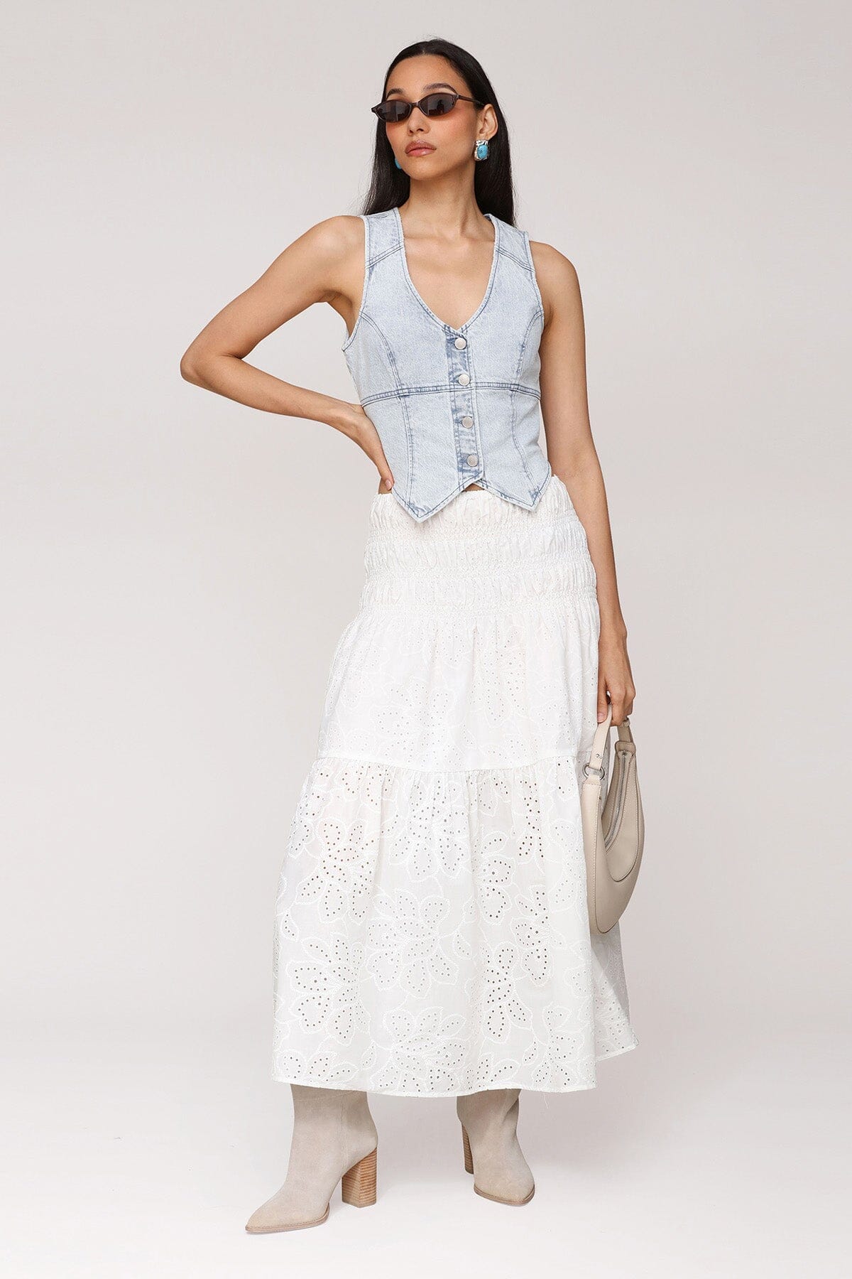 Cotton eyelet broderie anglaise white midi skirt with floral cutout motif and wide smocked waistband - Cute women's midi skirts by Avec Les Filles