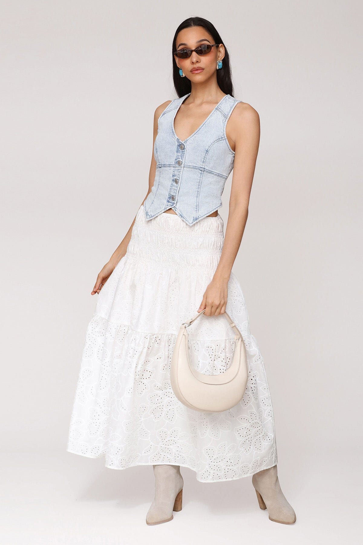 Cotton eyelet broderie anglaise white midi skirt with floral cutout motif and wide smocked waistband - Cute women's midi skirts by Avec Les Filles