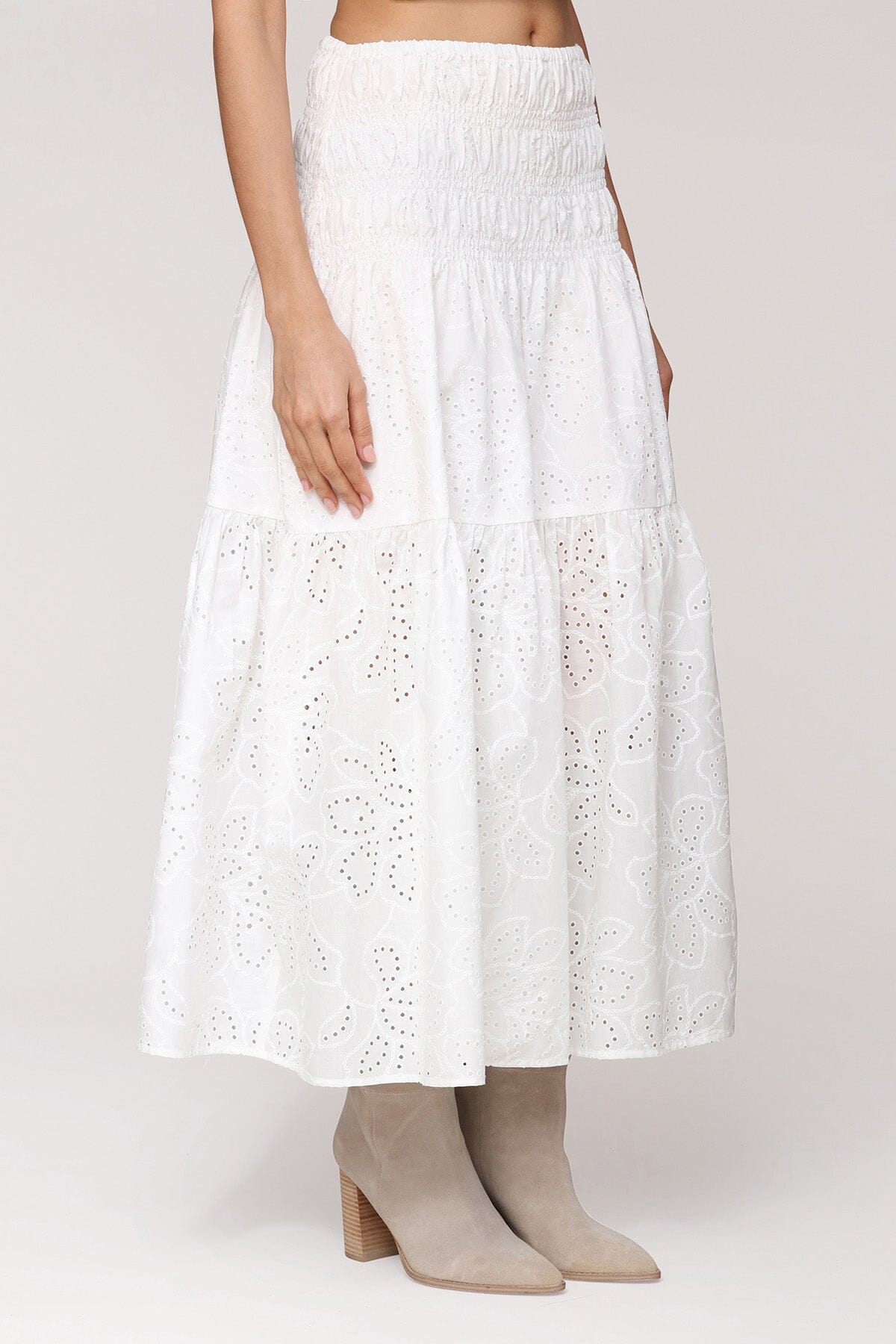 Cotton eyelet broderie anglaise white midi skirt with floral cutout motif and wide smocked waistband - Cute women's midi skirts by Avec Les Filles