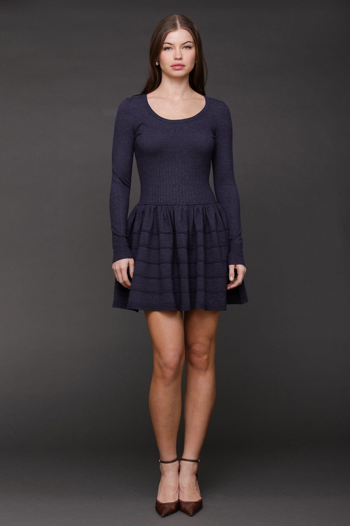 Drop-waist navy blue ribbed knit sweater mini dress with scoop neckline and long sleeves - Cute women's mini dresses by Avec Les Filles