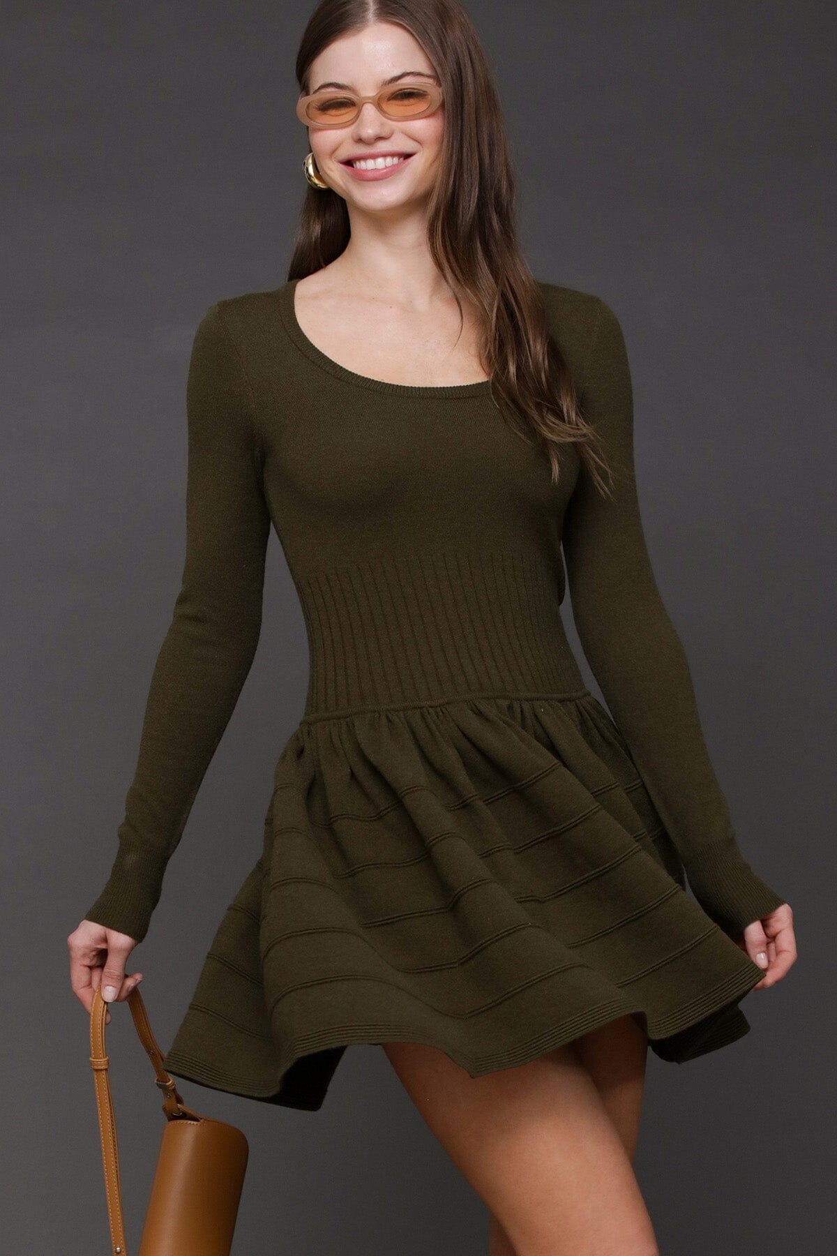 Drop-waist olive ribbed knit sweater mini dress with scoop neckline and long sleeves - Cute women's mini dresses by Avec Les Filles