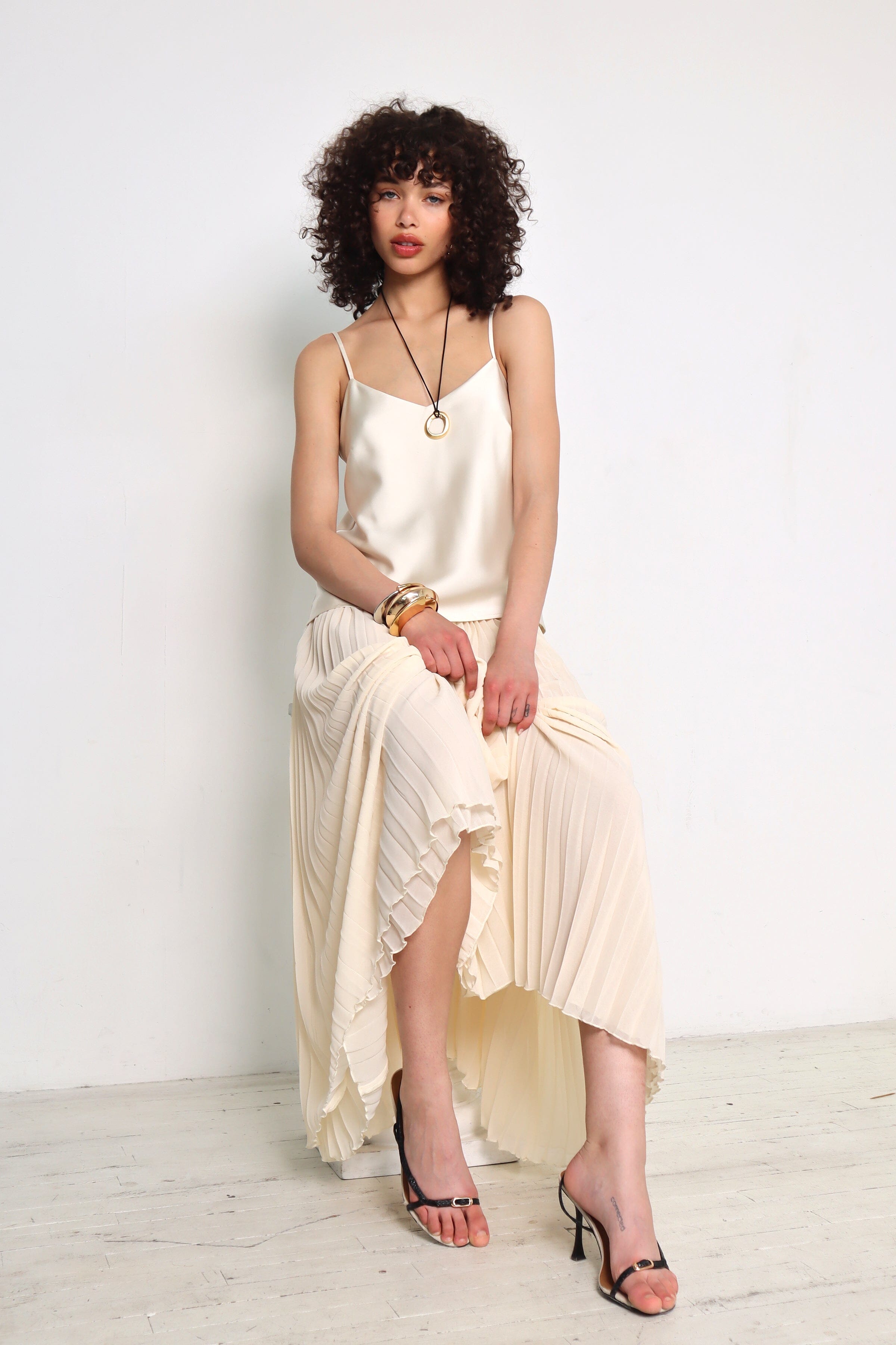 Cream mixed media drop waist pleated maxi dress with adjustable spaghetti straps and v-neckline - Cute women's maxi dresses by Avec Les Filles