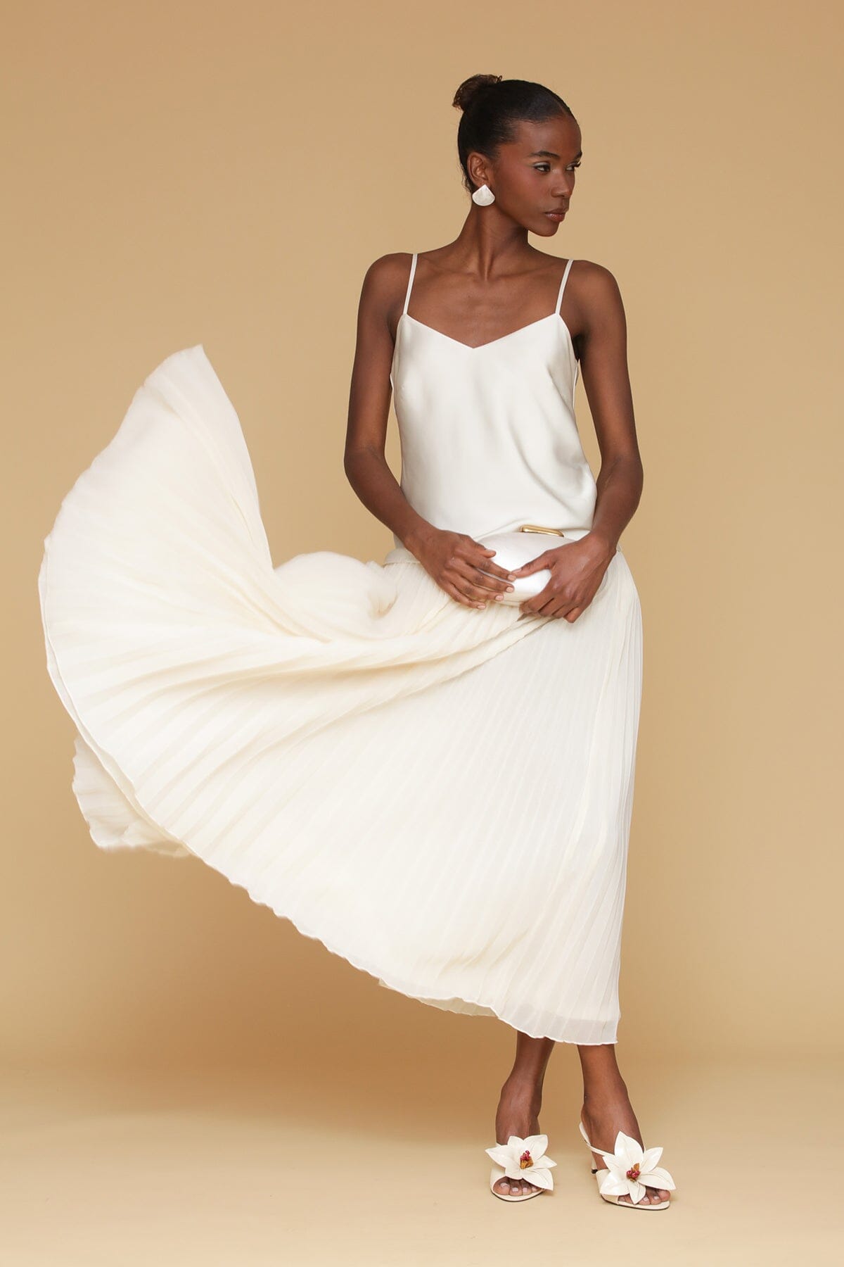 Cream satin drop-waist pleated maxi dress with adjustable spaghetti straps and v-neckline - Cute women's maxi dresses by Avec Les Filles