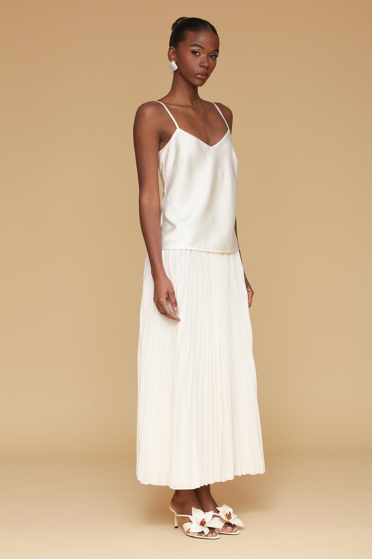 Cream satin drop-waist pleated maxi dress with adjustable spaghetti straps and v-neckline - Cute women's maxi dresses by Avec Les Filles