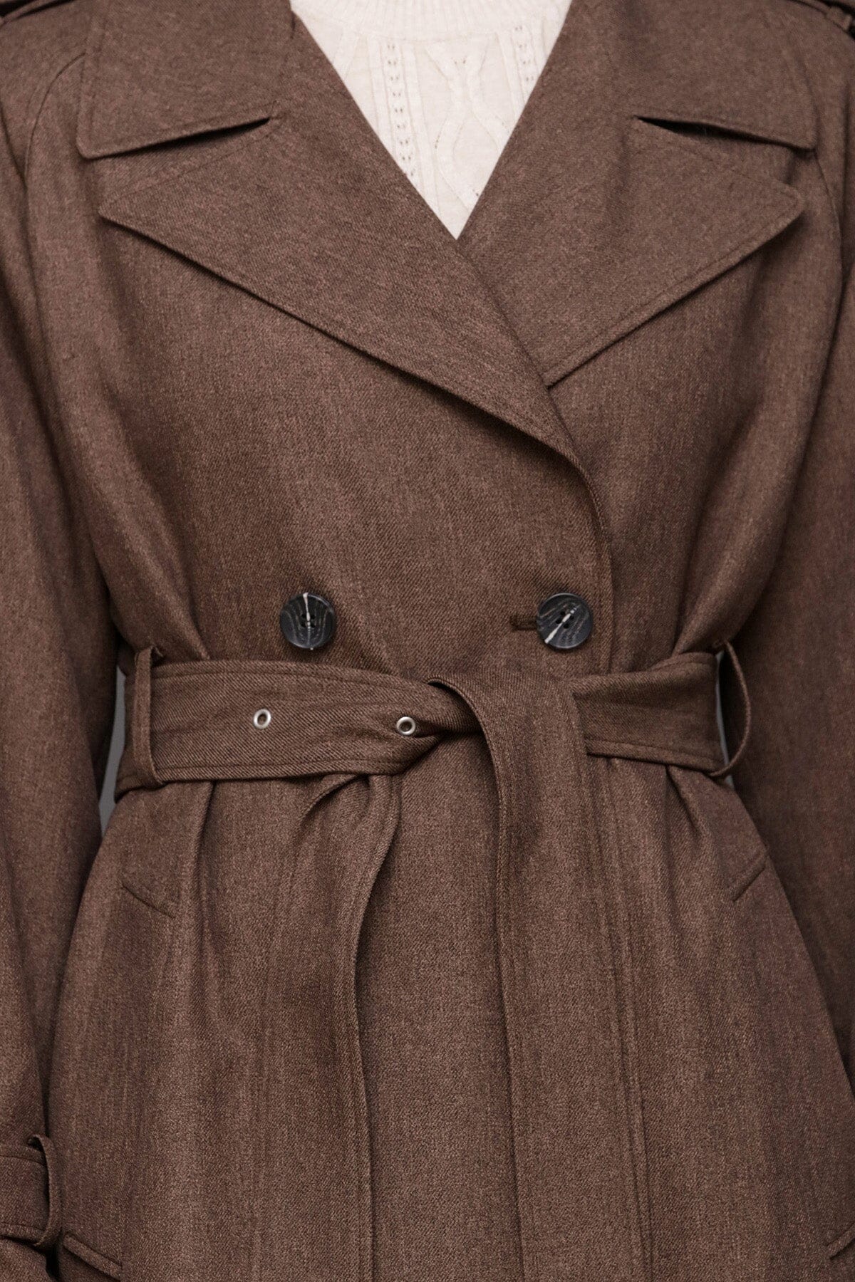 Belted utility brown double-breasted trench coat with removable belt and long raglan shoulder sleeves - Cute women's trench coats by Avec Les Filles
